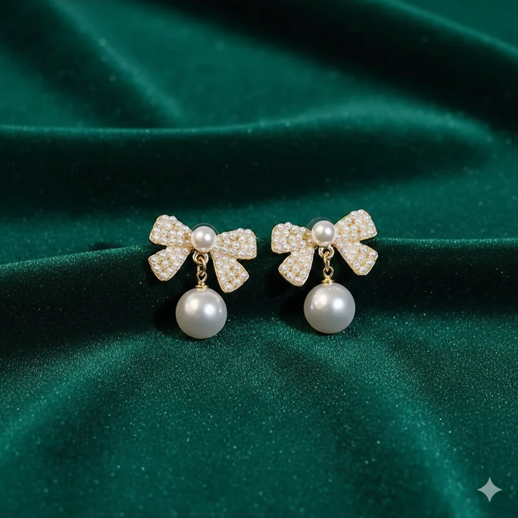 Korean Crystal Ribbon Bow & Drop Pearl Studs For Girls And Women - Image 6