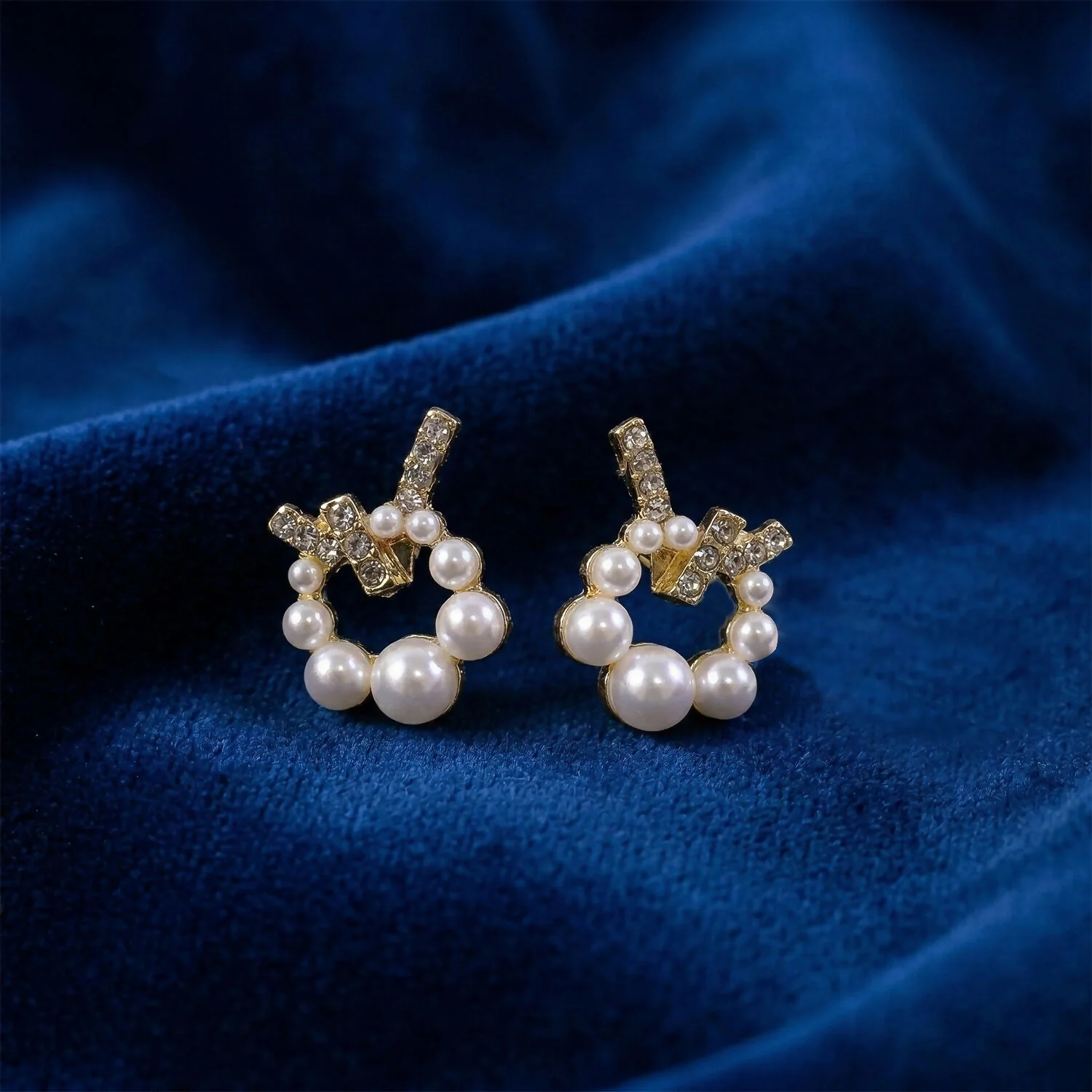 Korean Geometric Crystal Cross & Pearl Wreath Studs For Girls And Women - Image 3