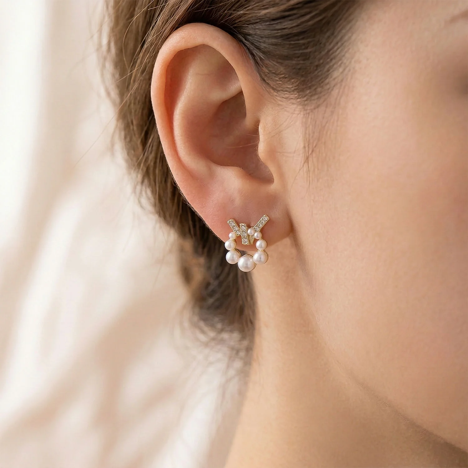 Korean Geometric Crystal Cross & Pearl Wreath Studs For Girls And Women - Image 4