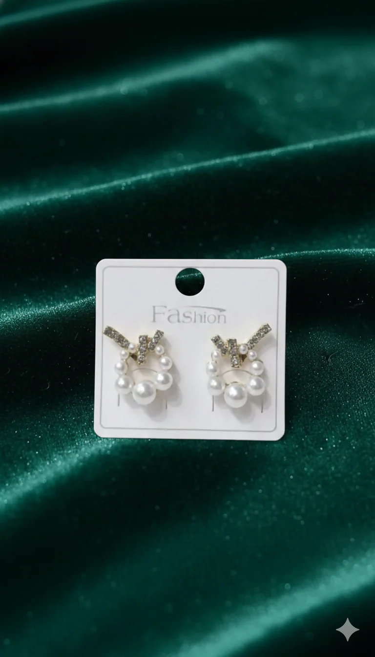 Korean Geometric Crystal Cross & Pearl Wreath Studs For Girls And Women - Image 6