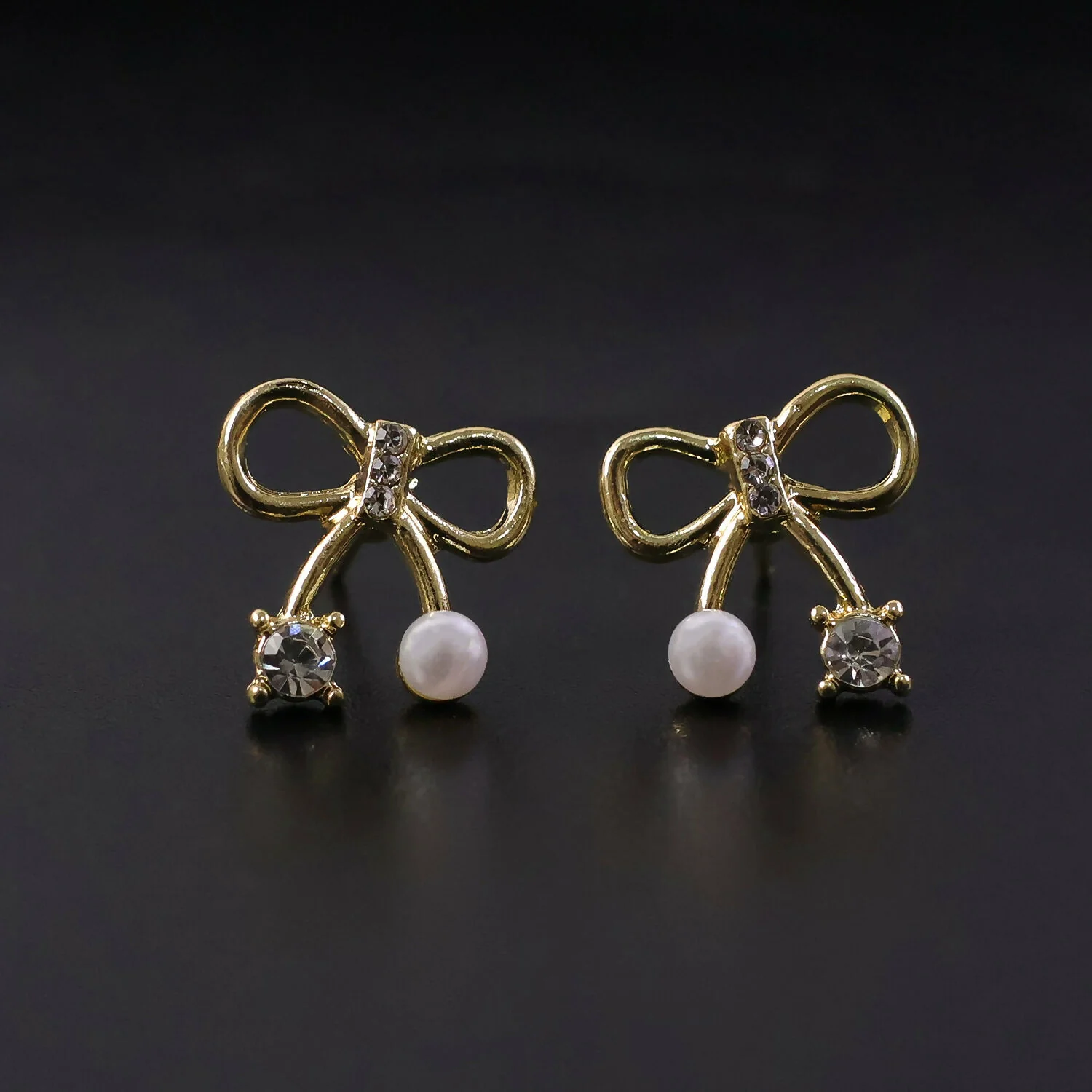 Korean Minimalist Bow-Knot Crystal & Pearl Studs - Image 2