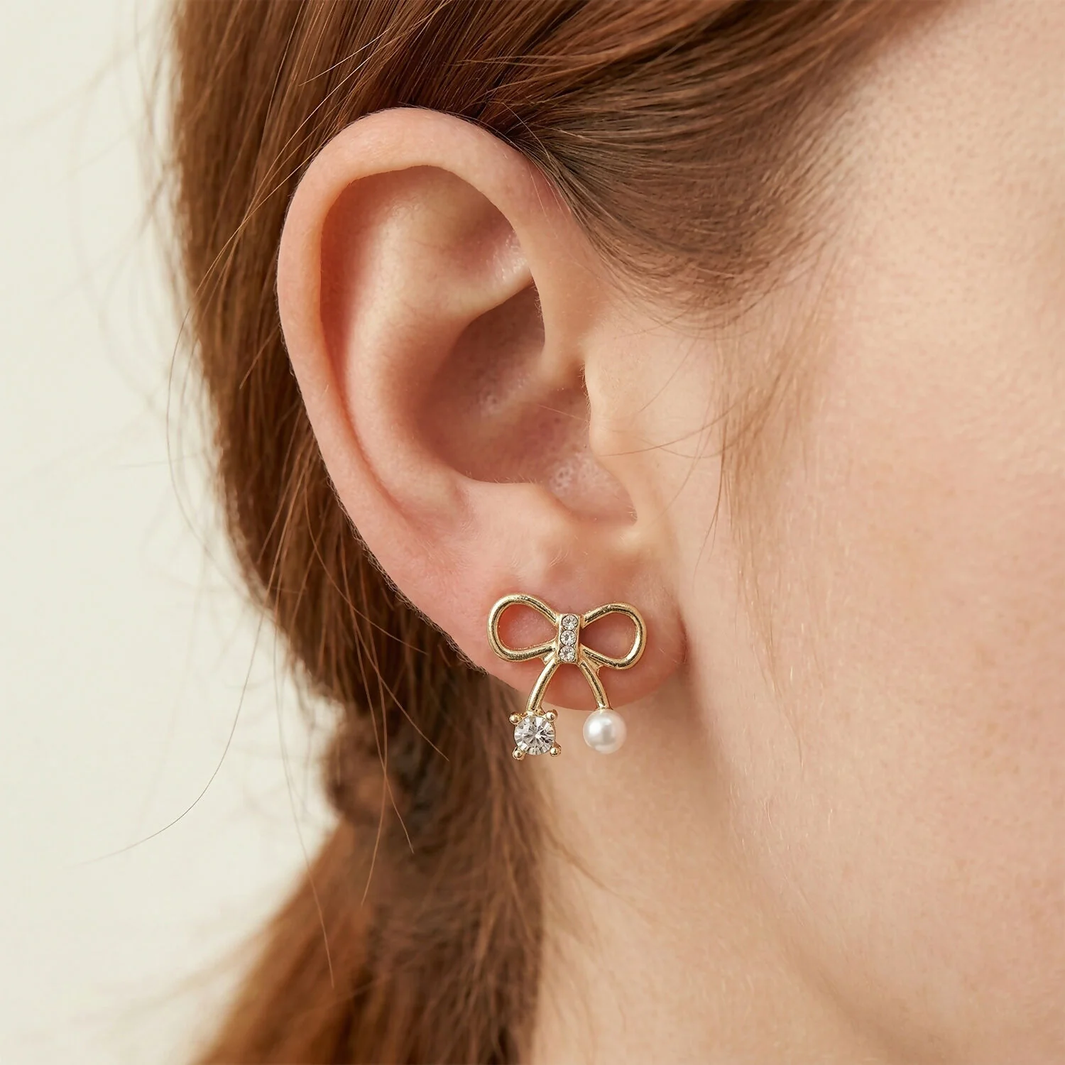 Korean Minimalist Bow-Knot Crystal & Pearl Studs - Image 4