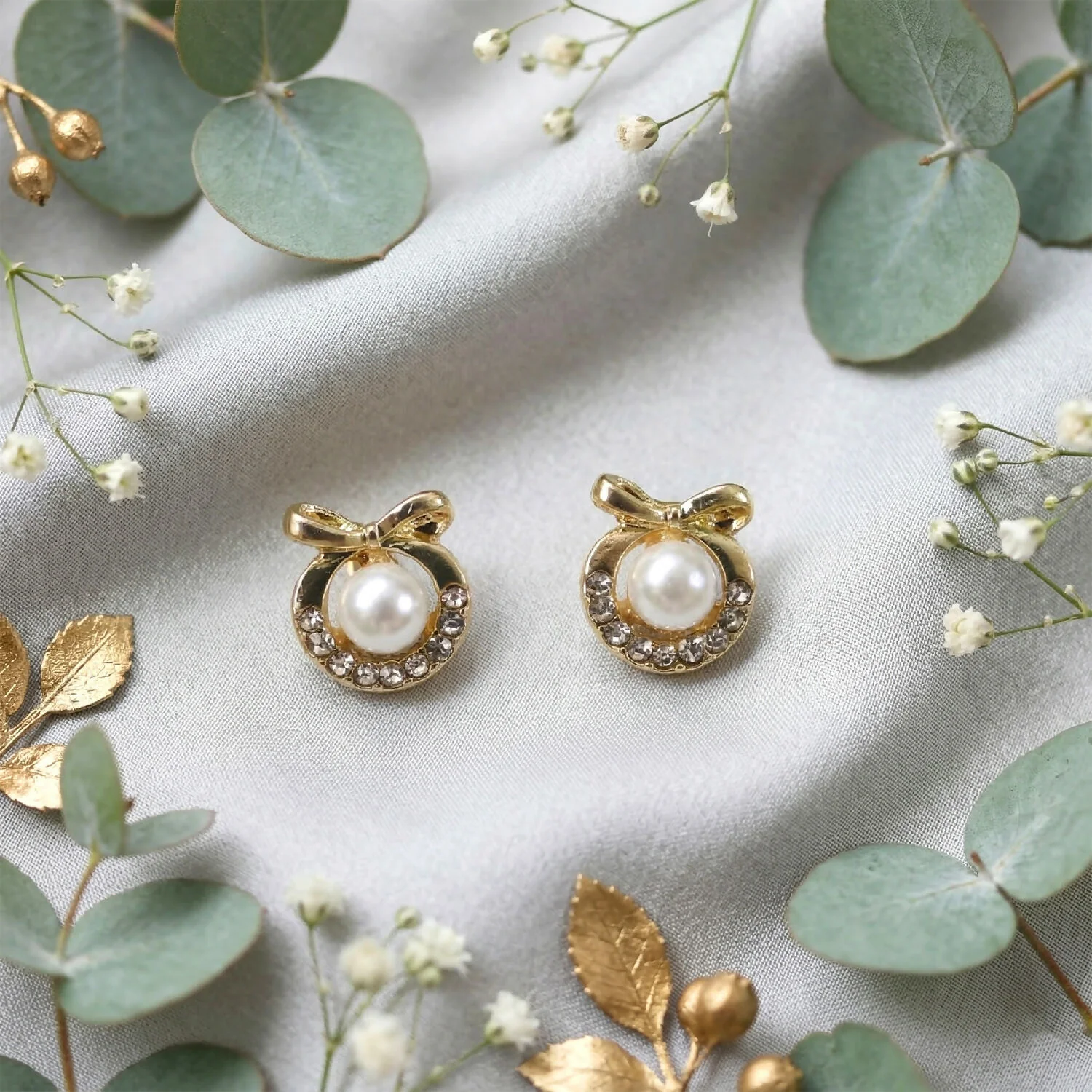 Korean Royal Bow-Knot Crystal Halo Pearl Studs For Girls And Women - Image 2