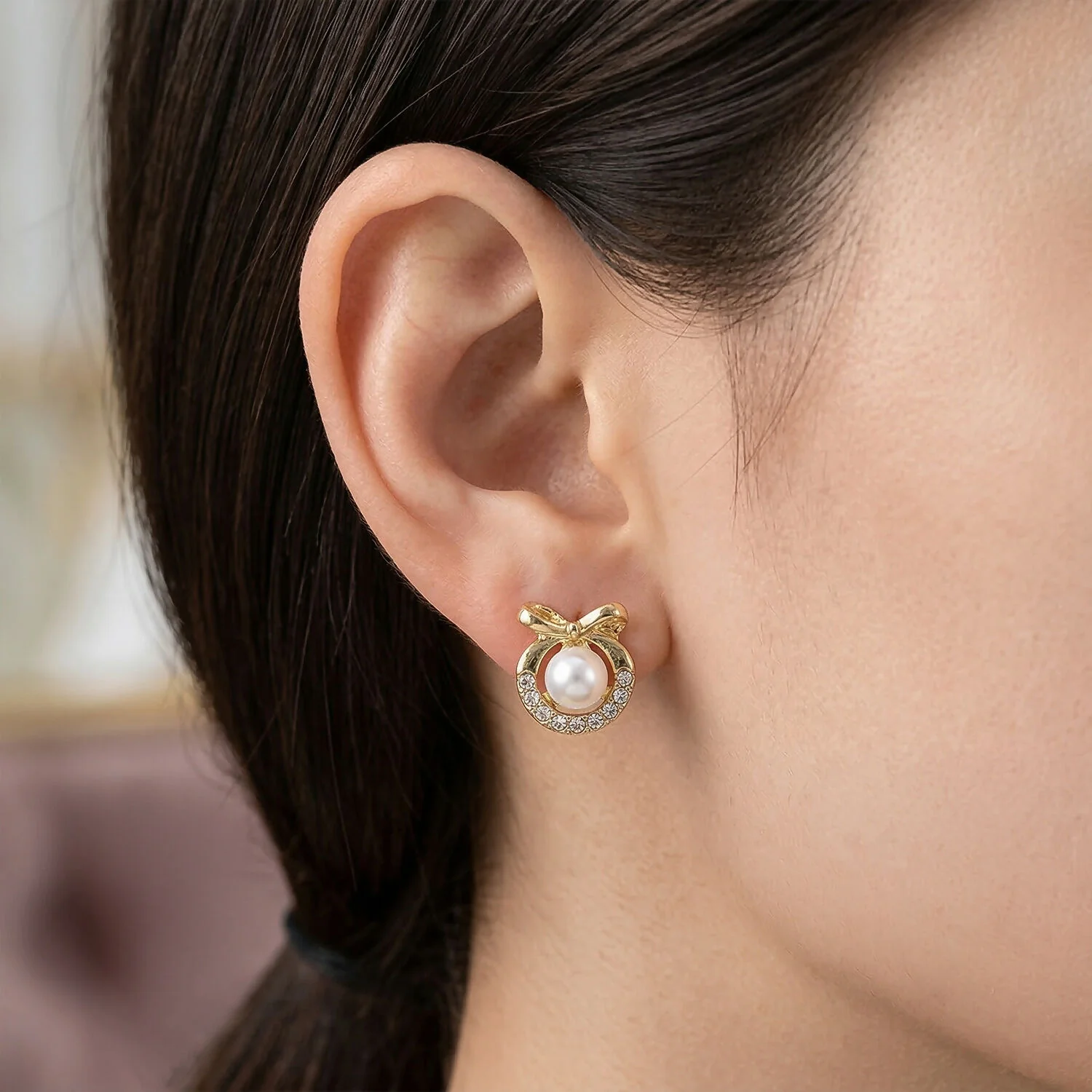 Korean Royal Bow-Knot Crystal Halo Pearl Studs For Girls And Women - Image 3