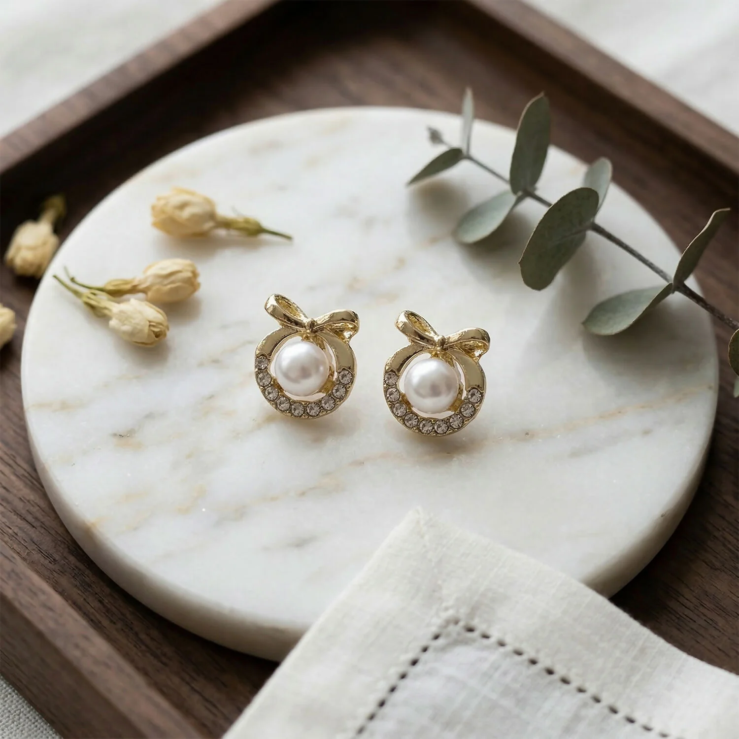 Korean Royal Bow-Knot Crystal Halo Pearl Studs For Girls And Women - Image 4