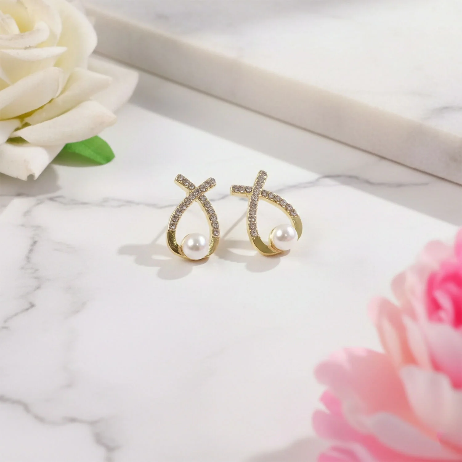 Korean Style Crystal Pearl Drop Stud Earrings for Women & Girls - Image 3