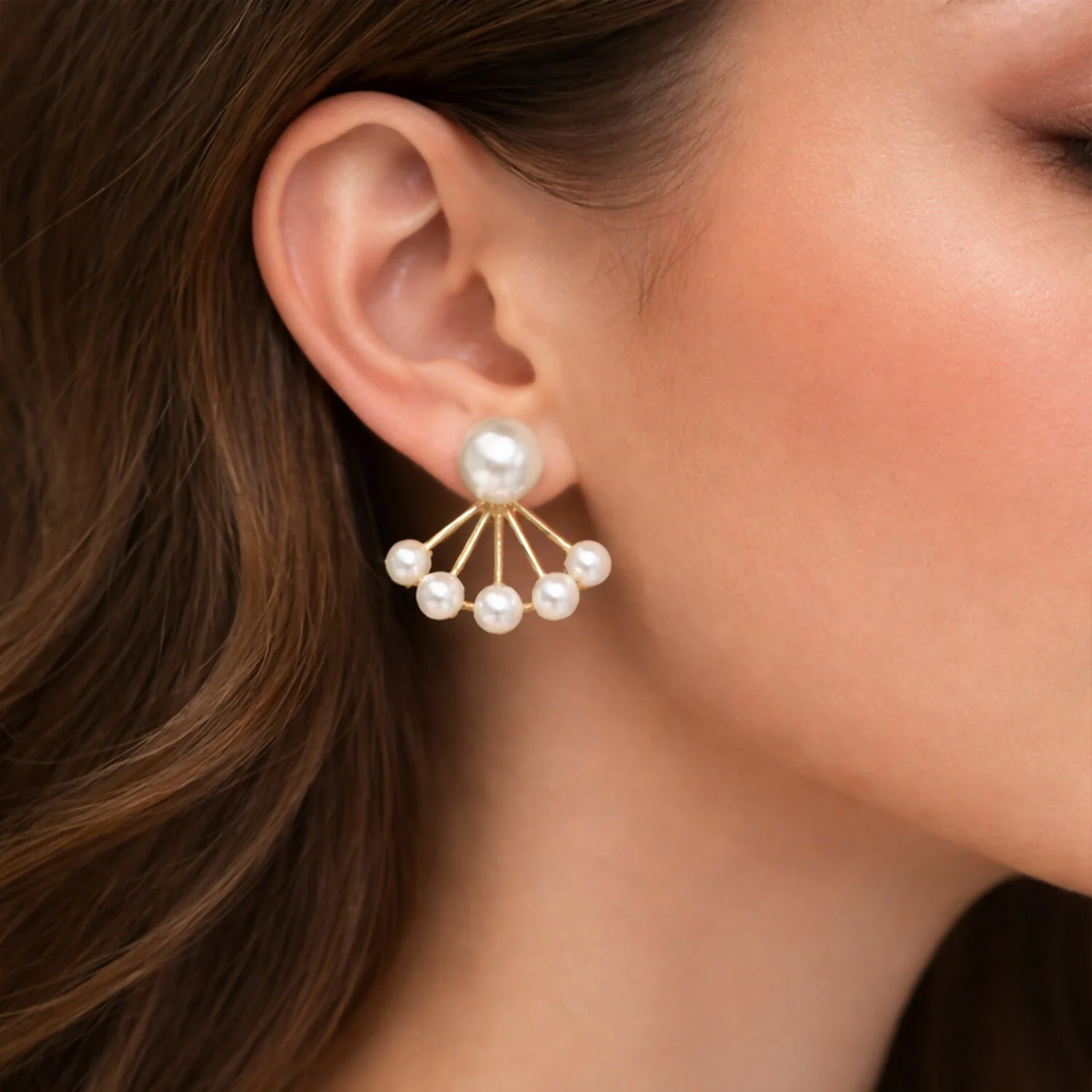 Korean Style Pearl Fan Design Stud Earrings for Women & Girls - Image 3