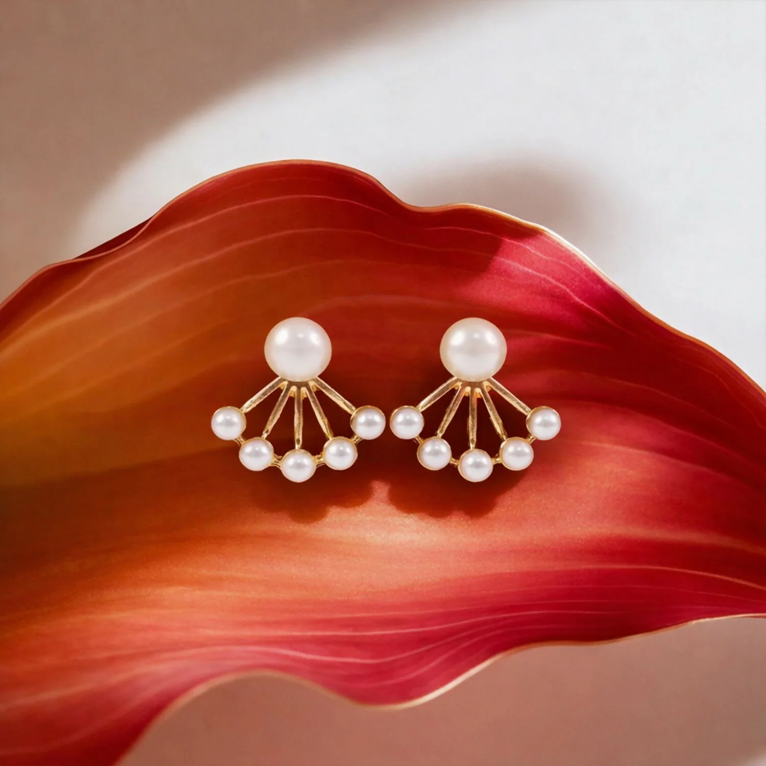 Korean Style Pearl Fan Design Stud Earrings for Women & Girls - Image 4