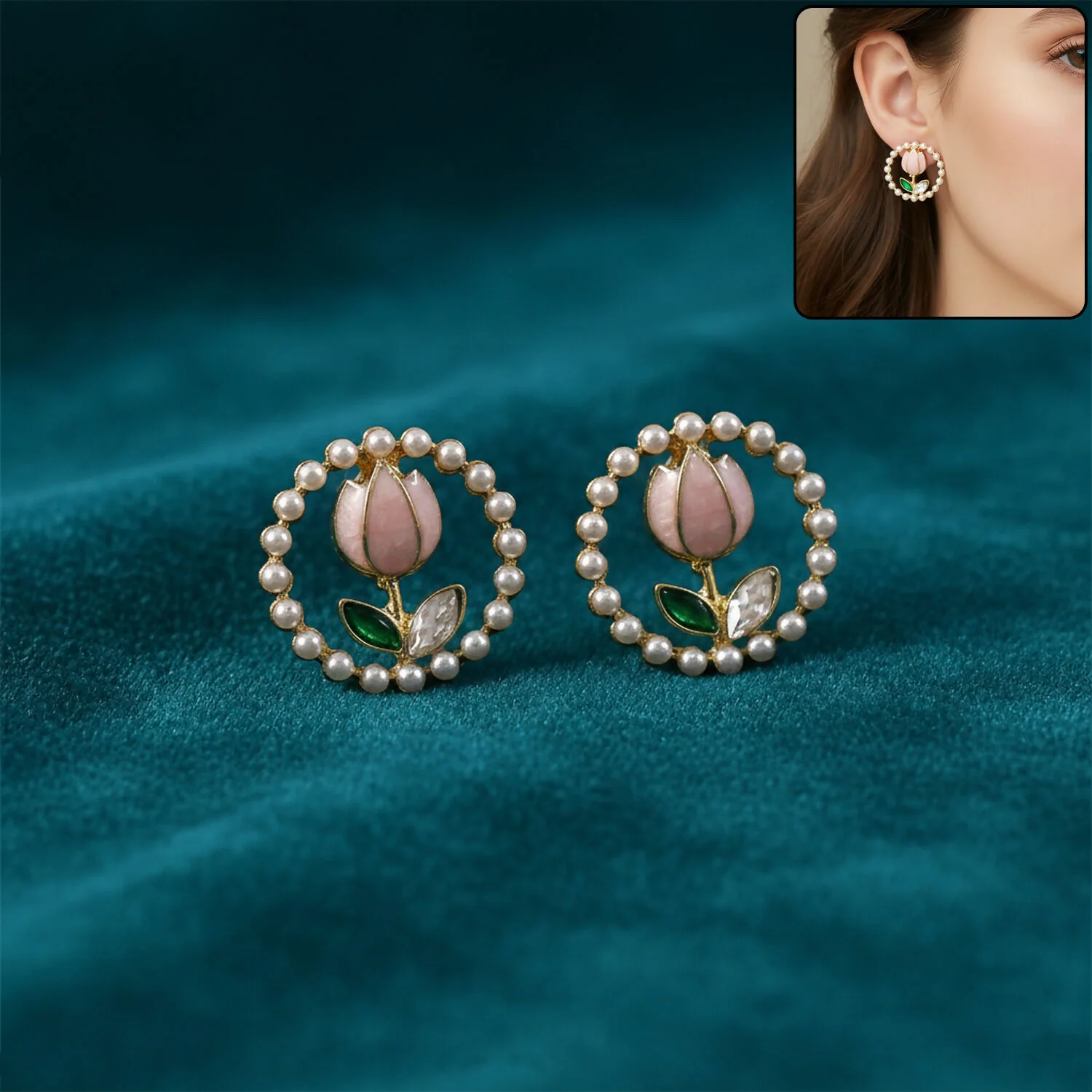Korean Style Pearl Floral Stud Earrings for Women & Girls - Image 2