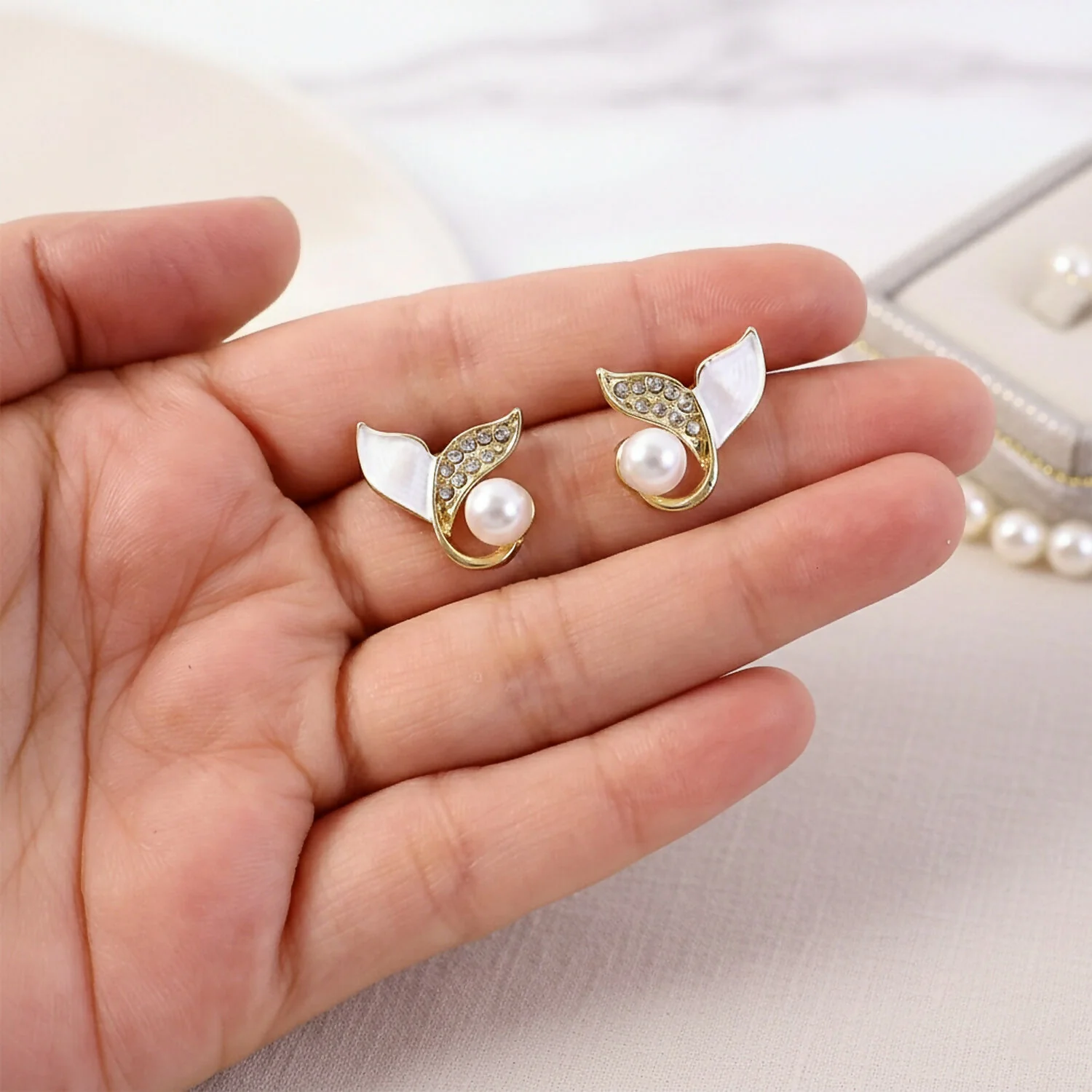 Korean Style Pearl Leaf Stud Earrings for Women & Girls | Elegant Gold Plated Designer Fashion Jewellery - Image 2