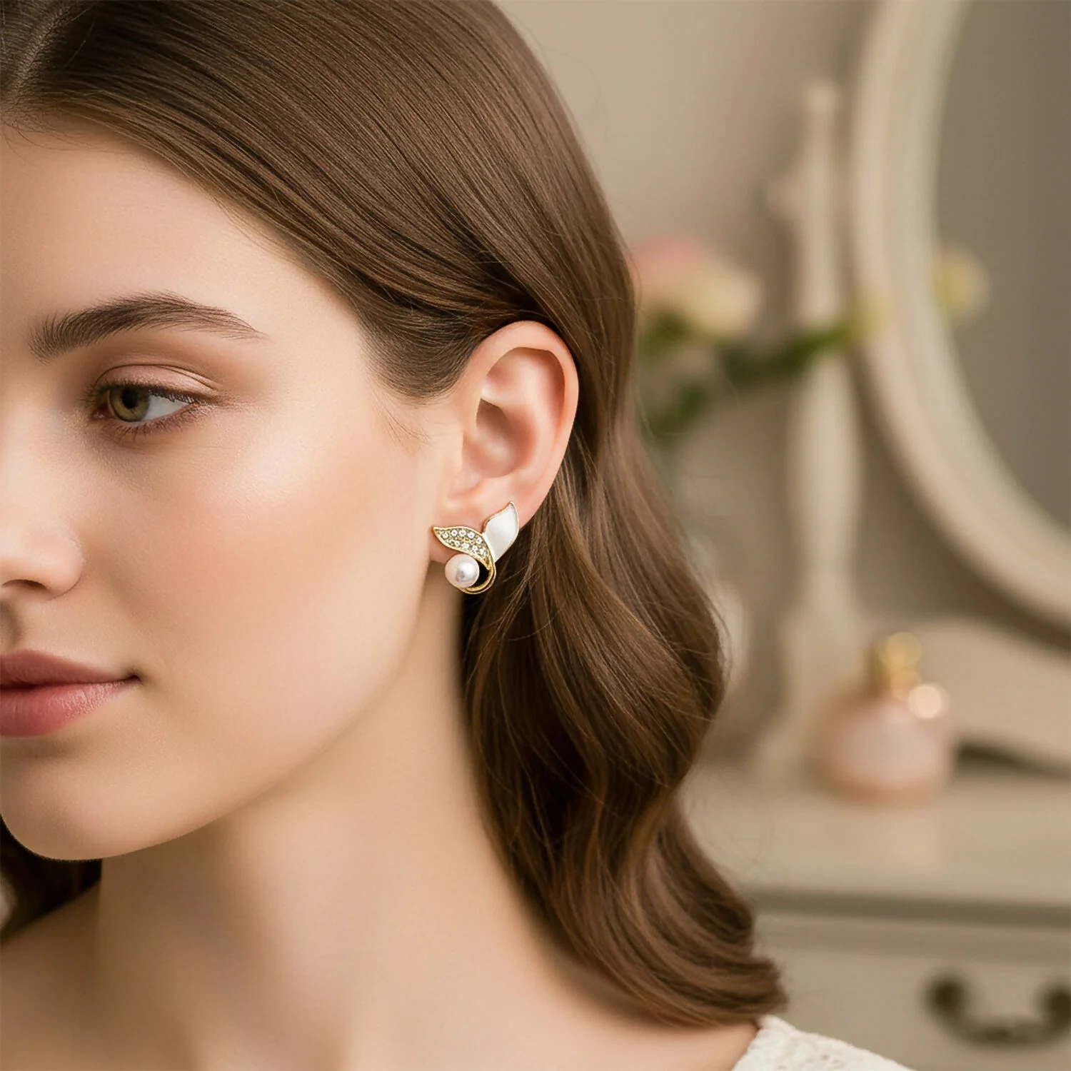 Korean Style Pearl Leaf Stud Earrings for Women & Girls | Elegant Gold Plated Designer Fashion Jewellery - Image 3