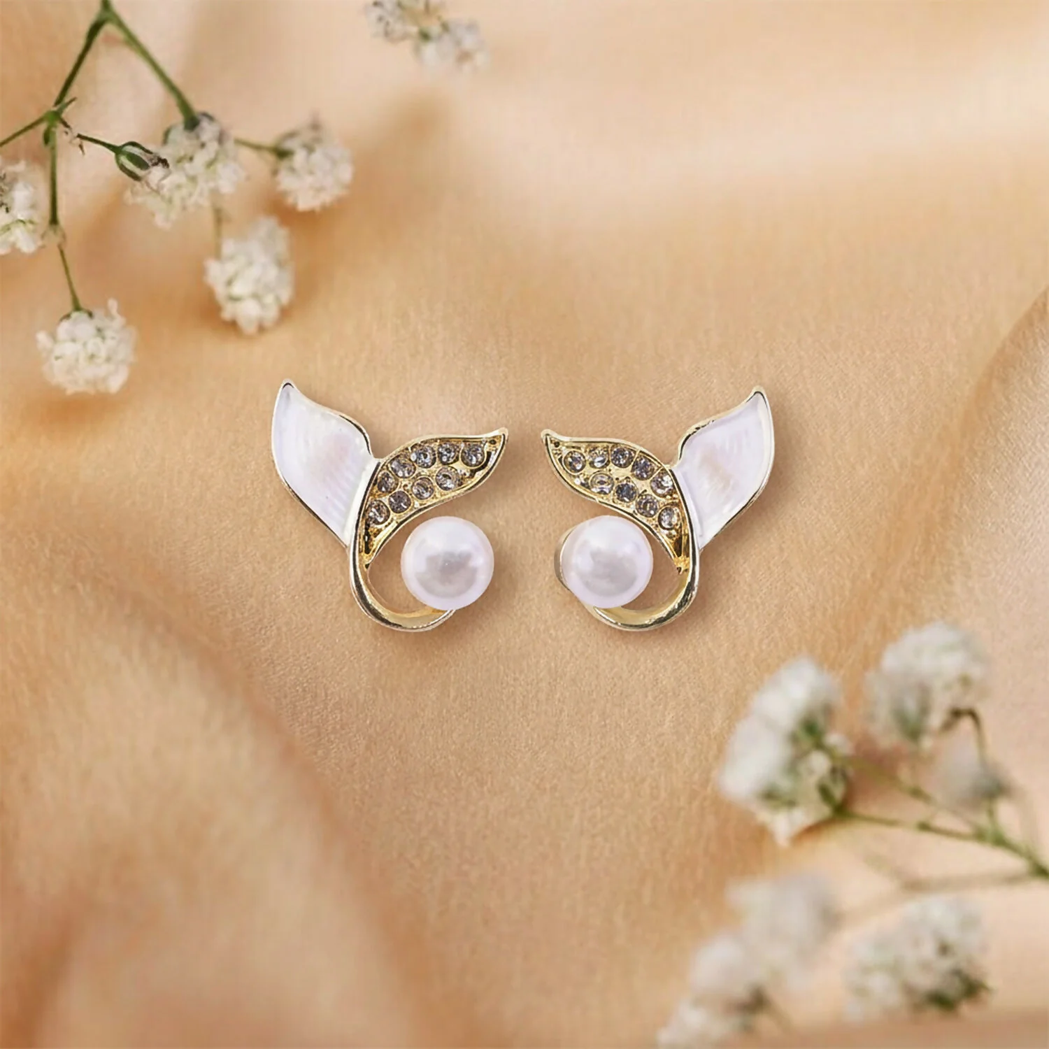 Korean Style Pearl Leaf Stud Earrings for Women & Girls | Elegant Gold Plated Designer Fashion Jewellery - Image 4