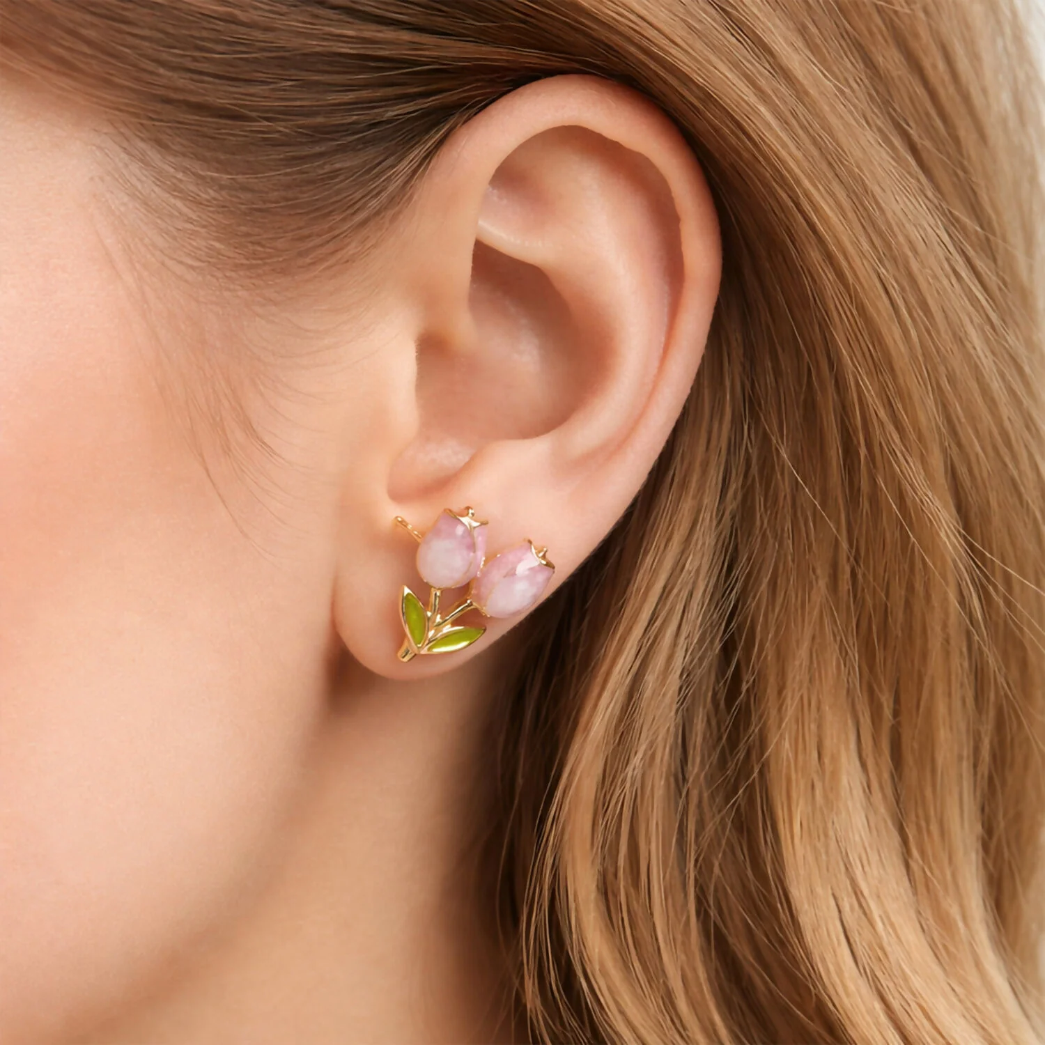 Korean Style Pink Tulip Flower Stud Earrings for Women & Girls - Image 2