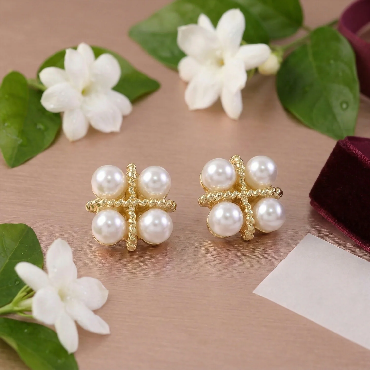 Korean Vintage Twisted Gold & Quad Pearl Studs For Girls And Women - Image 3