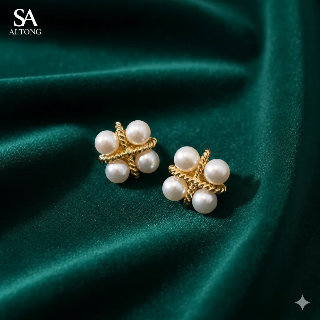Korean Vintage Twisted Gold & Quad Pearl Studs For Girls And Women - Image 6
