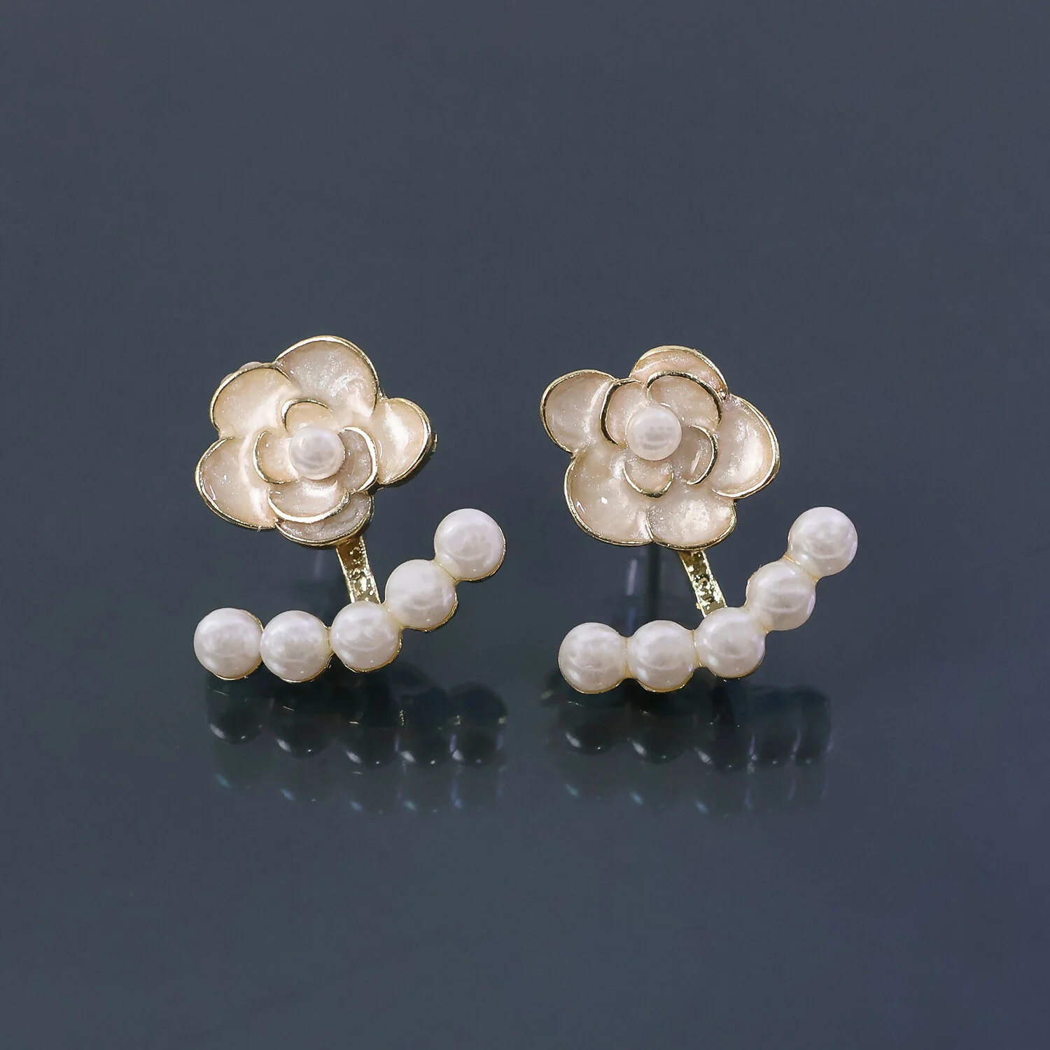 Korean White Camellia Rose & Pearl Ear Jackets - Image 2