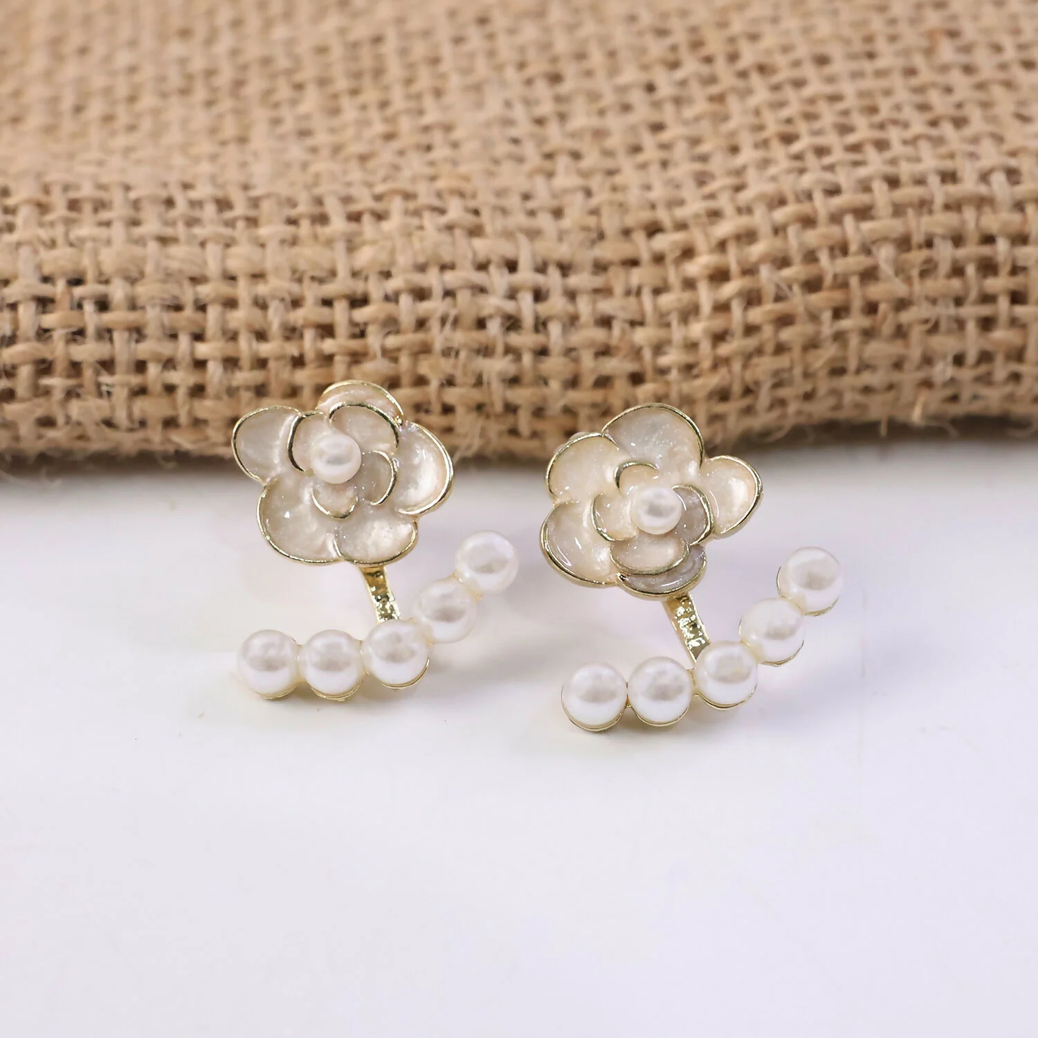 Korean White Camellia Rose & Pearl Ear Jackets - Image 3