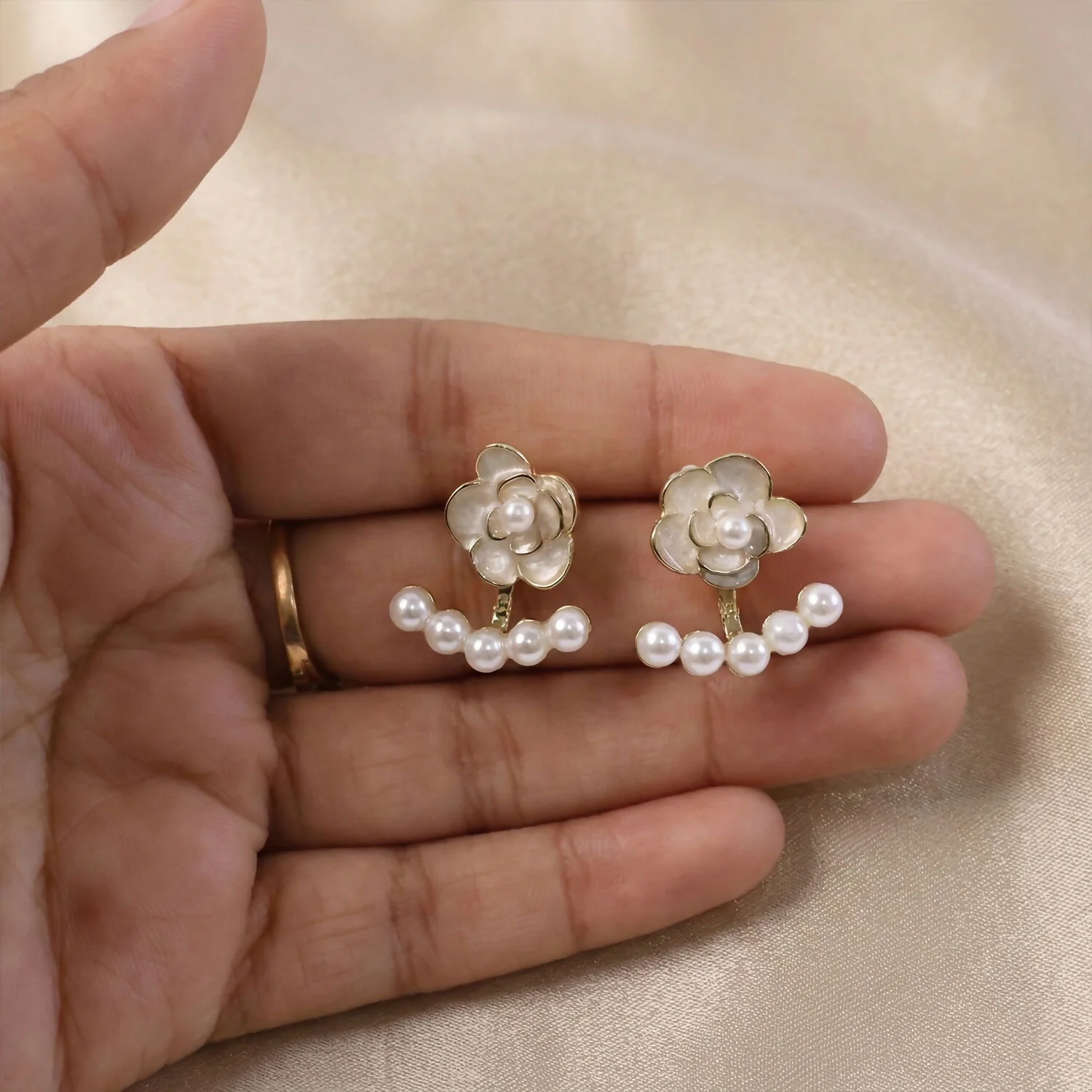 Korean White Camellia Rose & Pearl Ear Jackets - Image 4