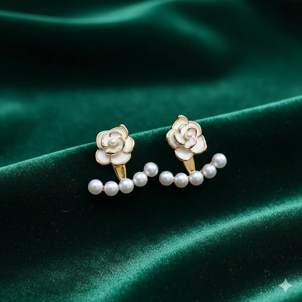 Korean White Camellia Rose & Pearl Ear Jackets - Image 6