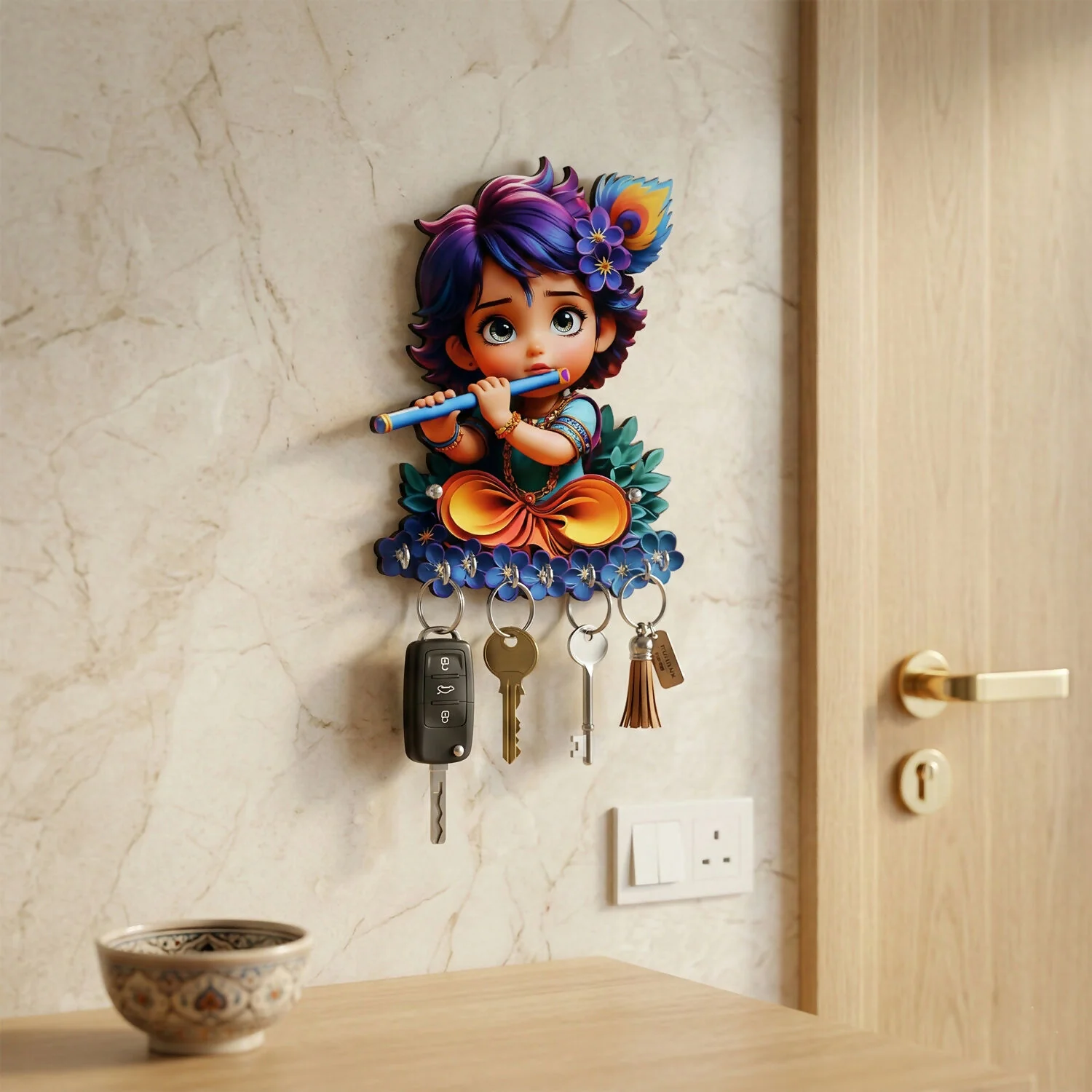 Krishna Design Wooden Key Stand for Wall with 6 Hooks - Image 2