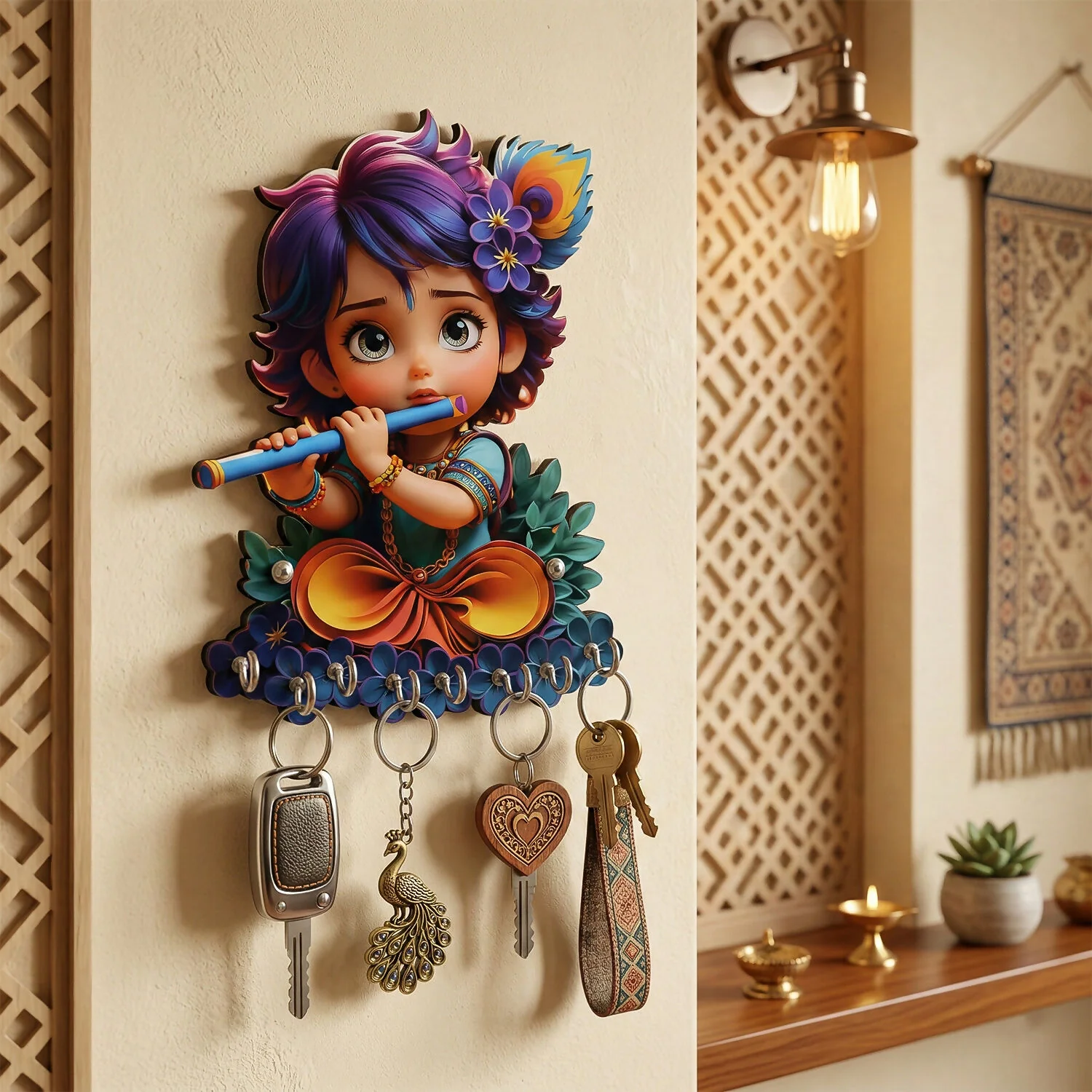 Krishna Design Wooden Key Stand for Wall with 6 Hooks - Image 3