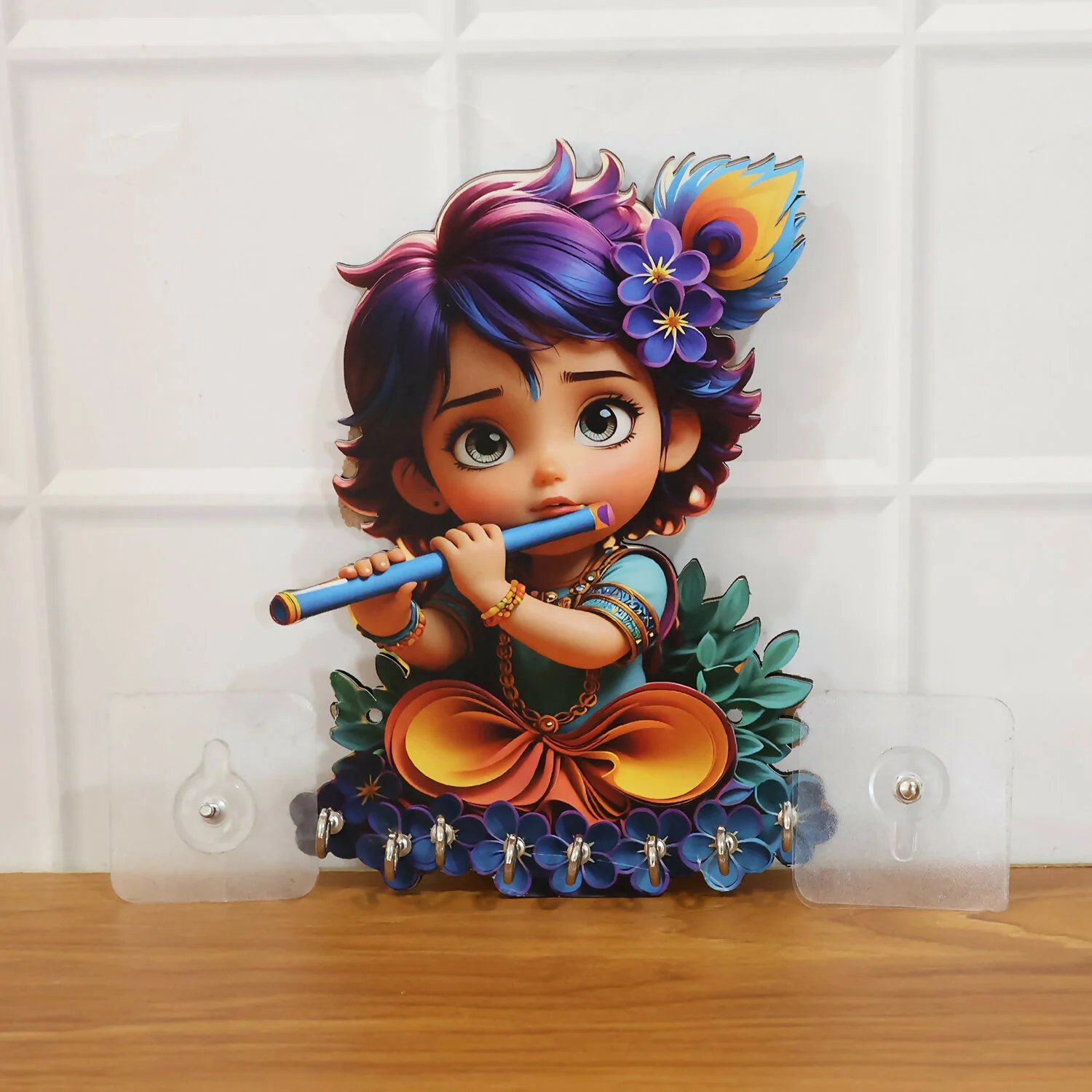 Krishna Design Wooden Key Stand for Wall with 6 Hooks - Image 7