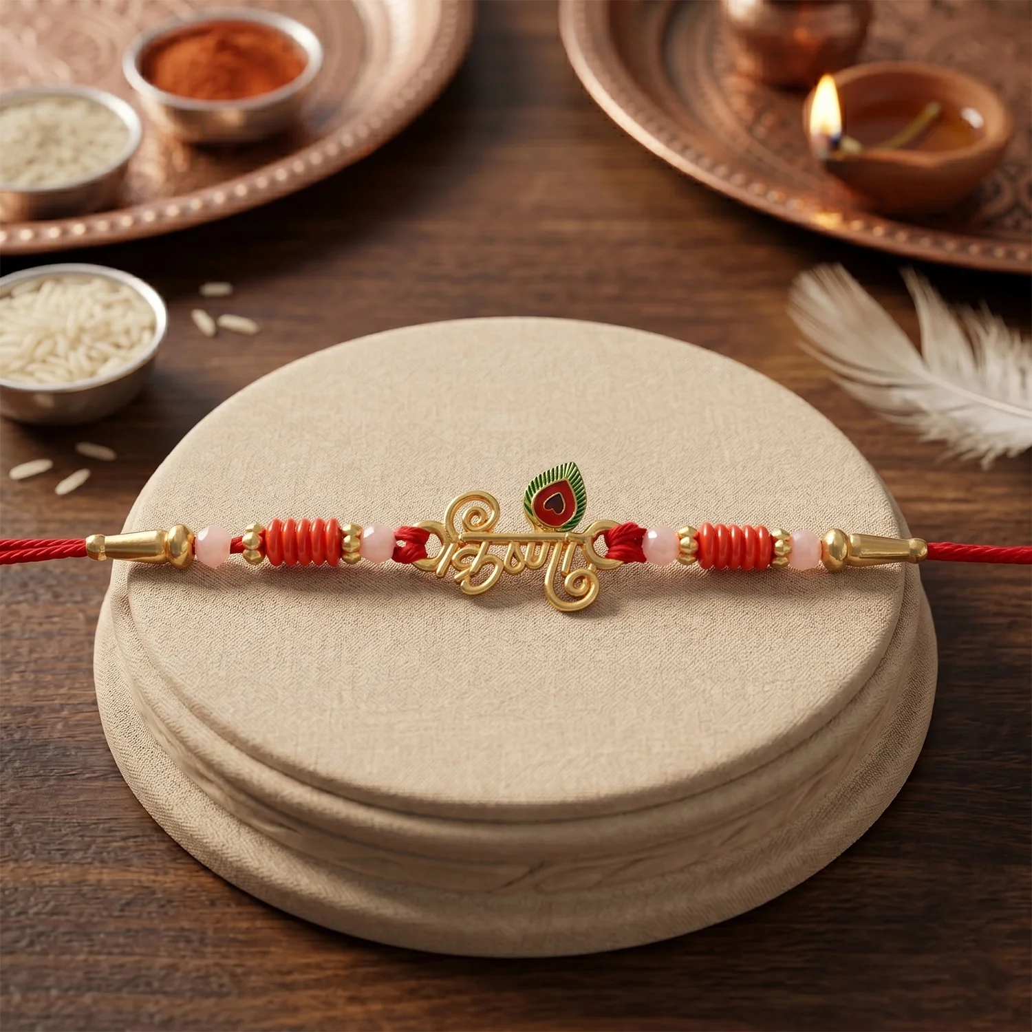 Krishna Naam Devnagari with Peacock Feather Rakhi - Image 2