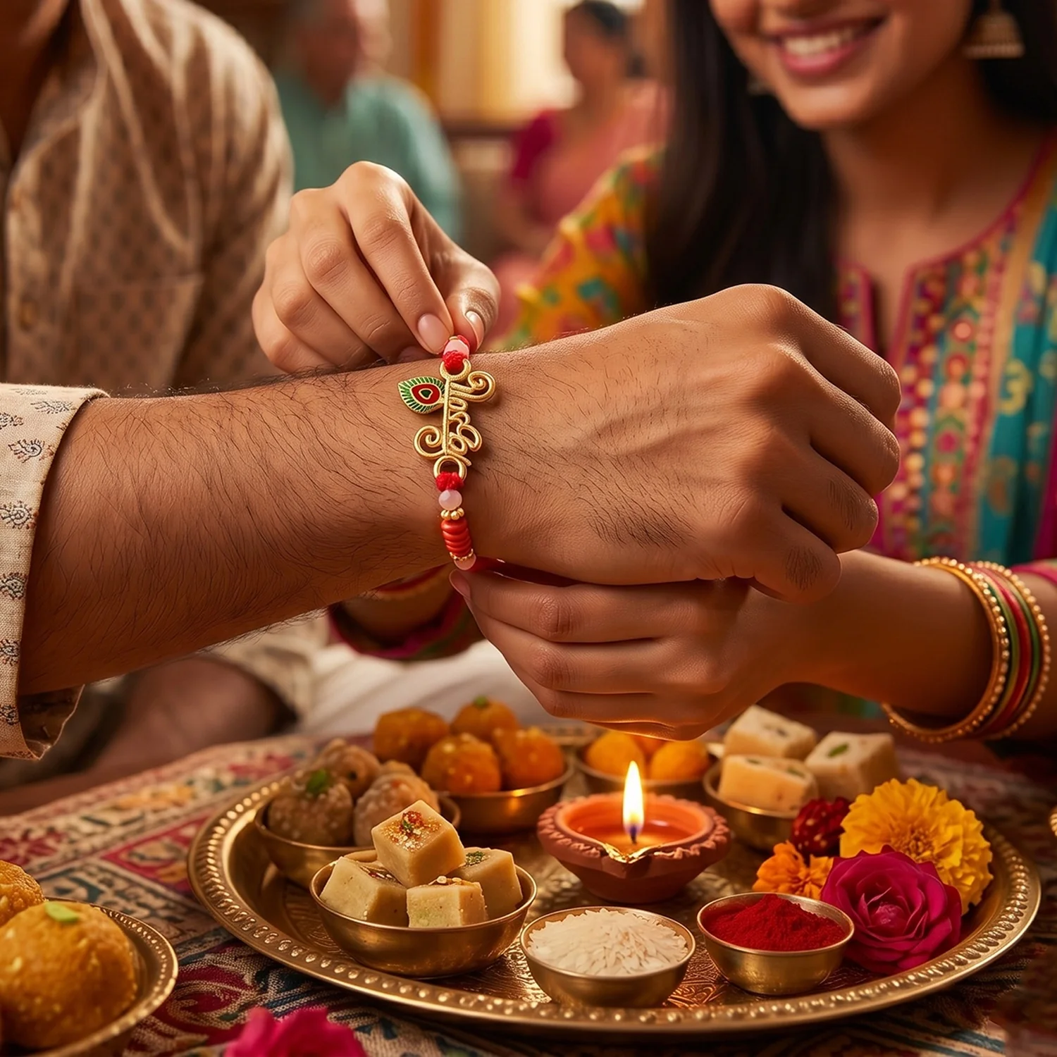 Krishna Naam Devnagari with Peacock Feather Rakhi - Image 3