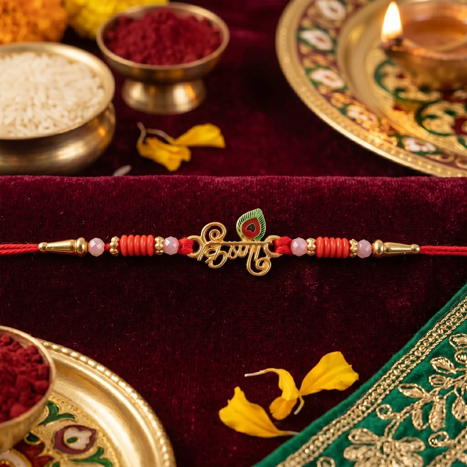 Krishna Naam Devnagari with Peacock Feather Rakhi - Image 4