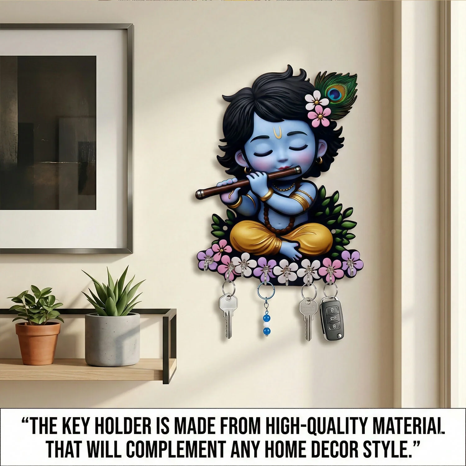 Krishna Wooden Wall Key Holder with 6 Hooks - Image 2