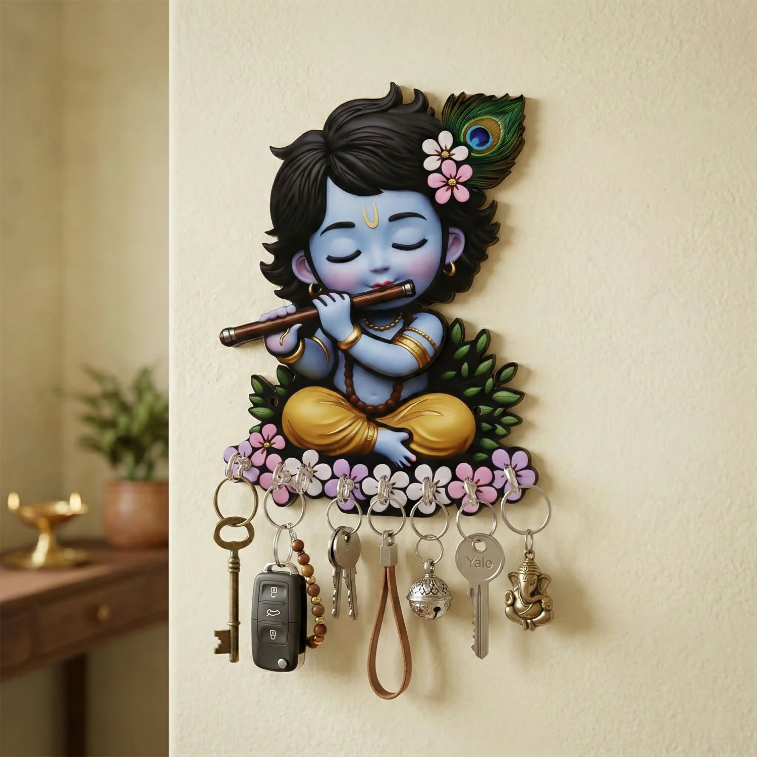 Krishna Wooden Wall Key Holder with 6 Hooks - Image 3