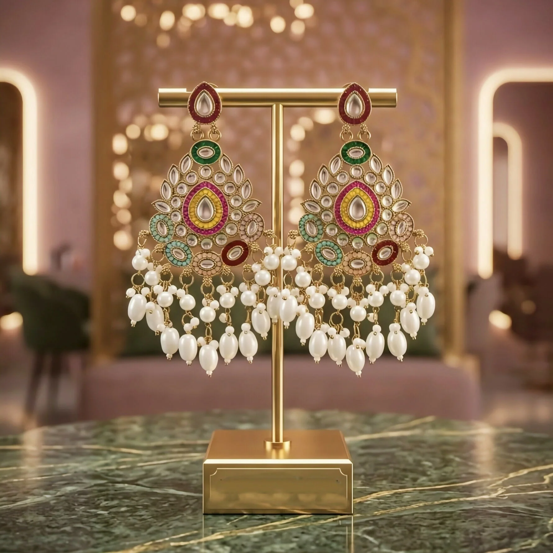 Kundan & Meenakari Handcrafted Chandbali Earrings with Pearl Drops - Image 2