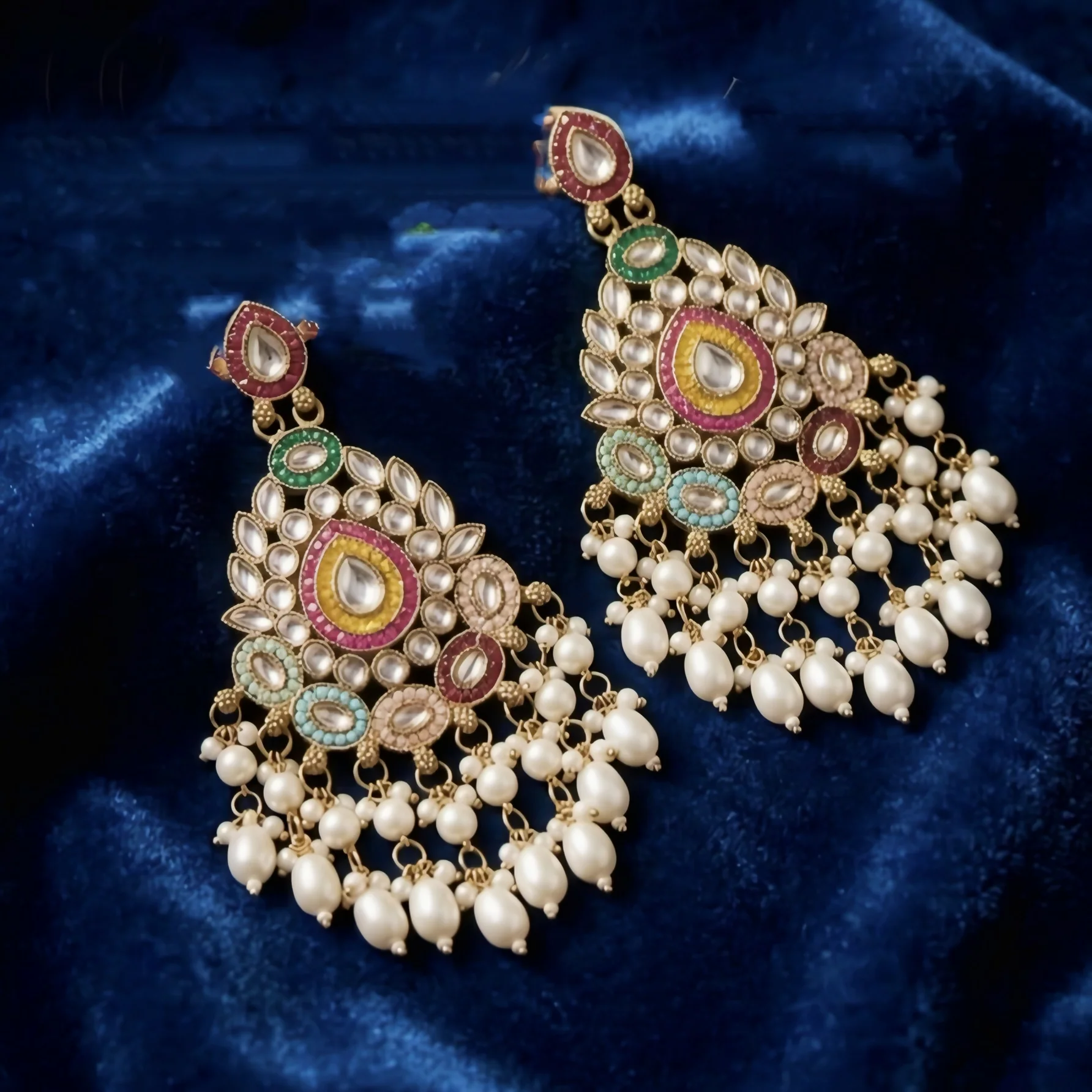 Kundan & Meenakari Handcrafted Chandbali Earrings with Pearl Drops - Image 3