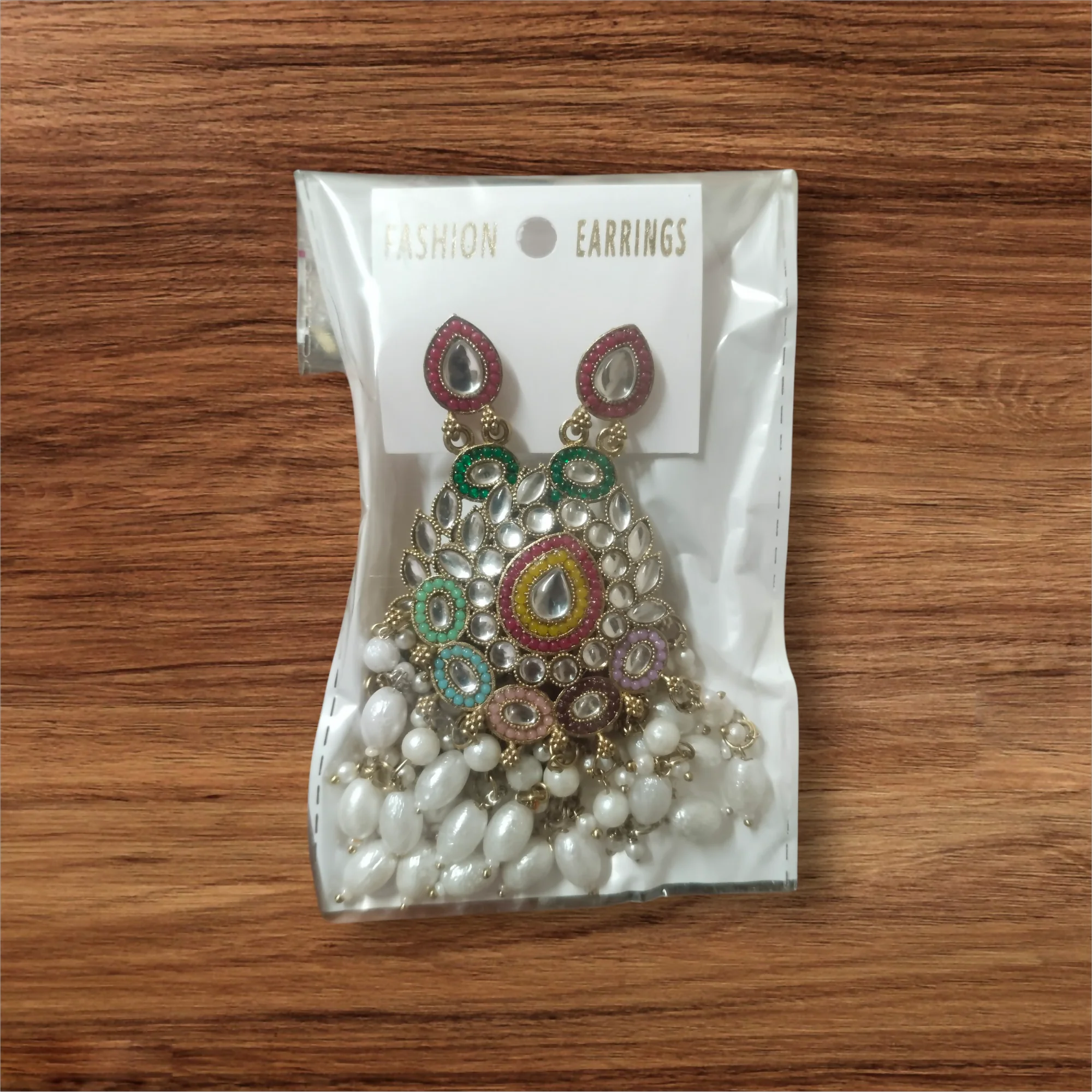 Kundan & Meenakari Handcrafted Chandbali Earrings with Pearl Drops - Image 4