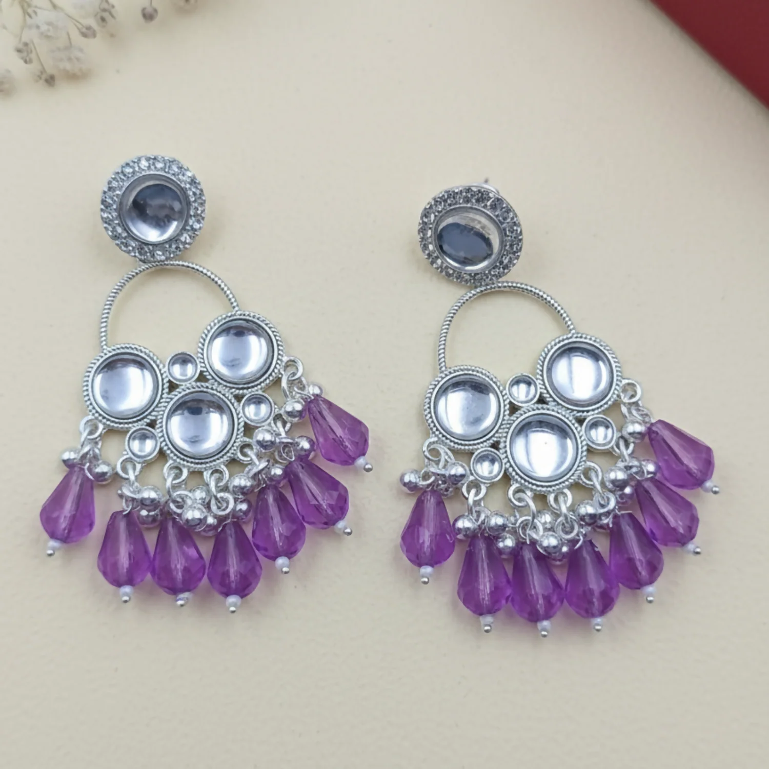 Kundan Purple Pearl Silver Plated Chandbali Earrings Agate Alloy Chandbali Earring - Image 2