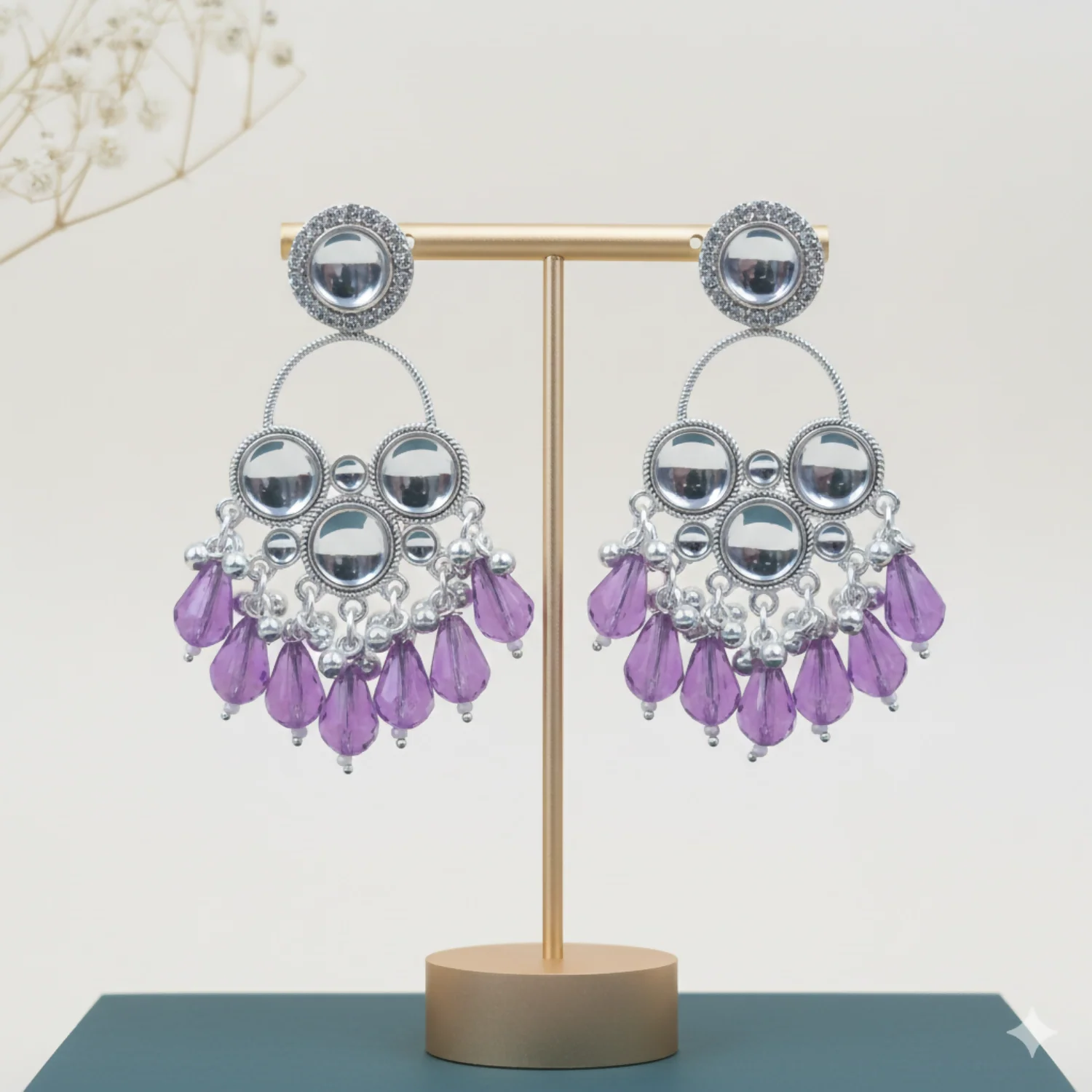 Kundan Purple Pearl Silver Plated Chandbali Earrings Agate Alloy Chandbali Earring - Image 3