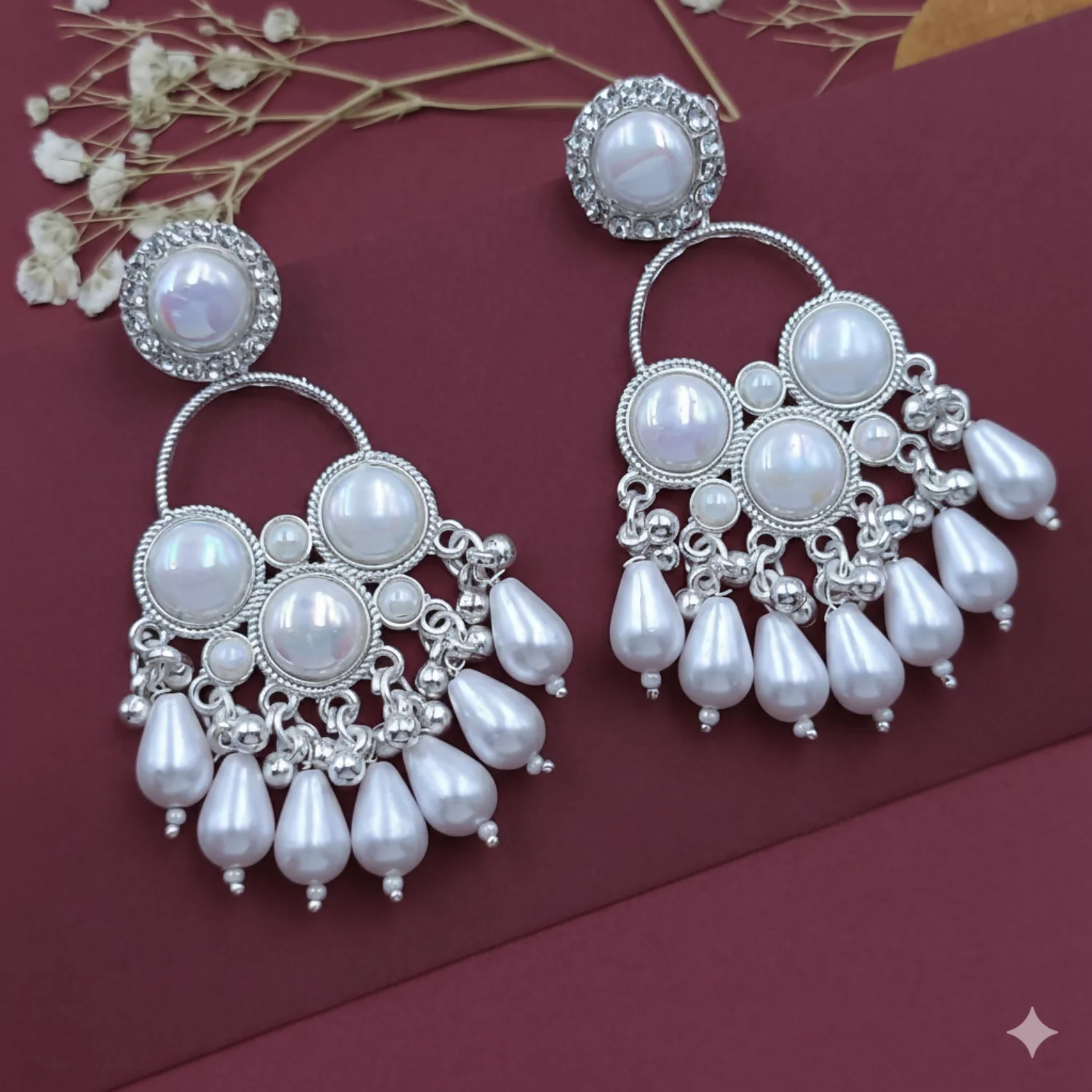 Kundan White Pearl Silver Plated Chandbali Earrings Agate Alloy Chandbali Earring - Image 2