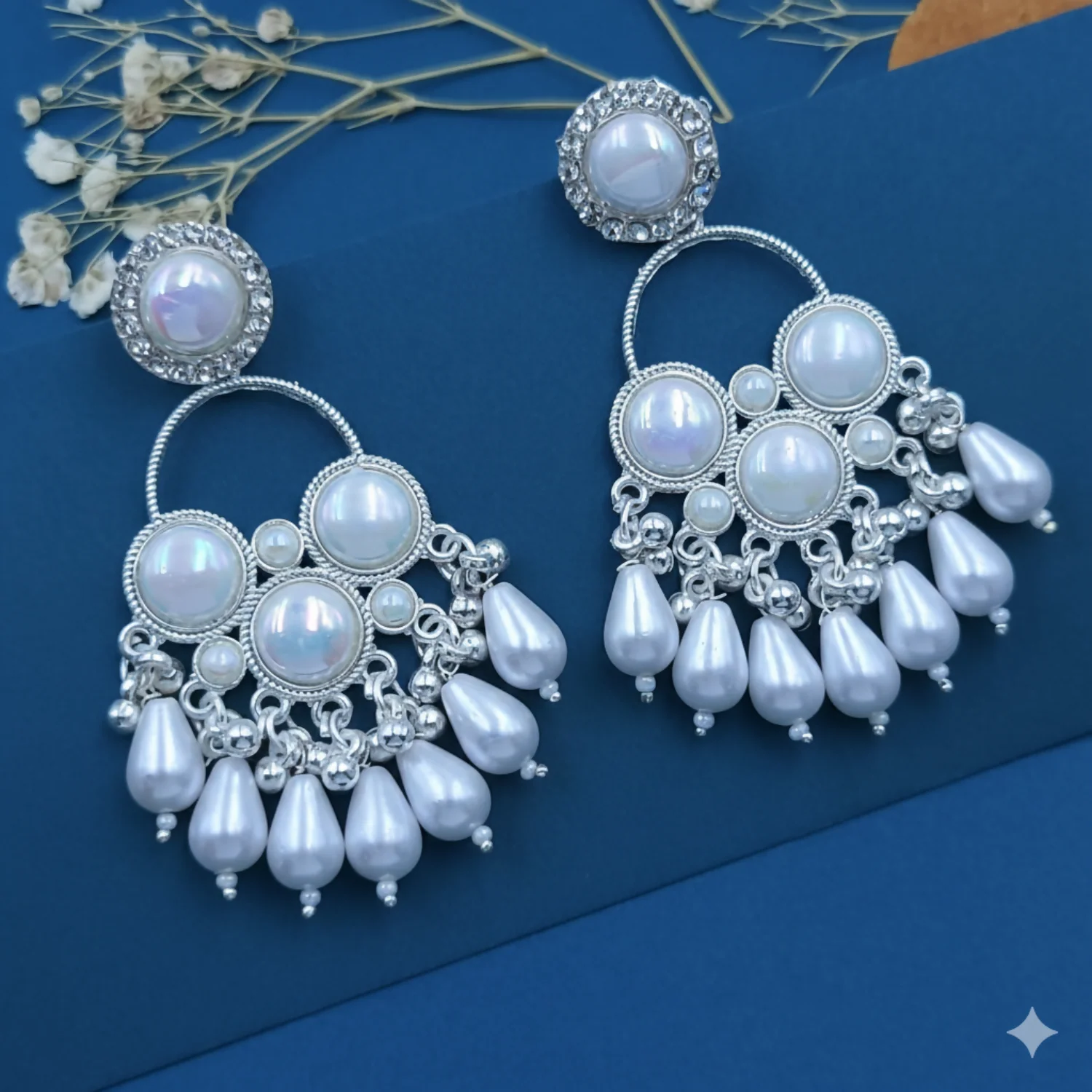 Kundan White Pearl Silver Plated Chandbali Earrings Agate Alloy Chandbali Earring - Image 3
