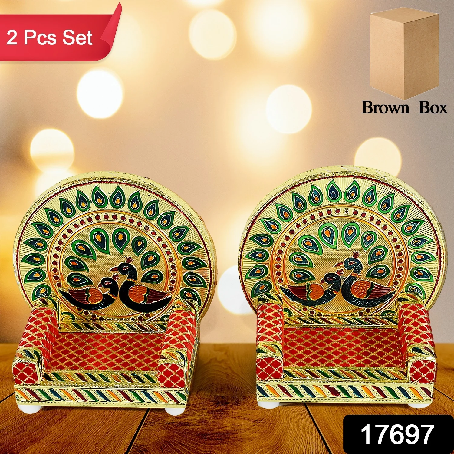 Meenakari Work Laddu Gopal Singhasan  / Sihasan for Pooja Mandir Wooden Krishna Ladoo Bal Gopal Sofa Asan, Home Decorative Premium Look Decorative Singhasan Suitable For Home, Office, Restaurant (2 Pc Set) - Image 2