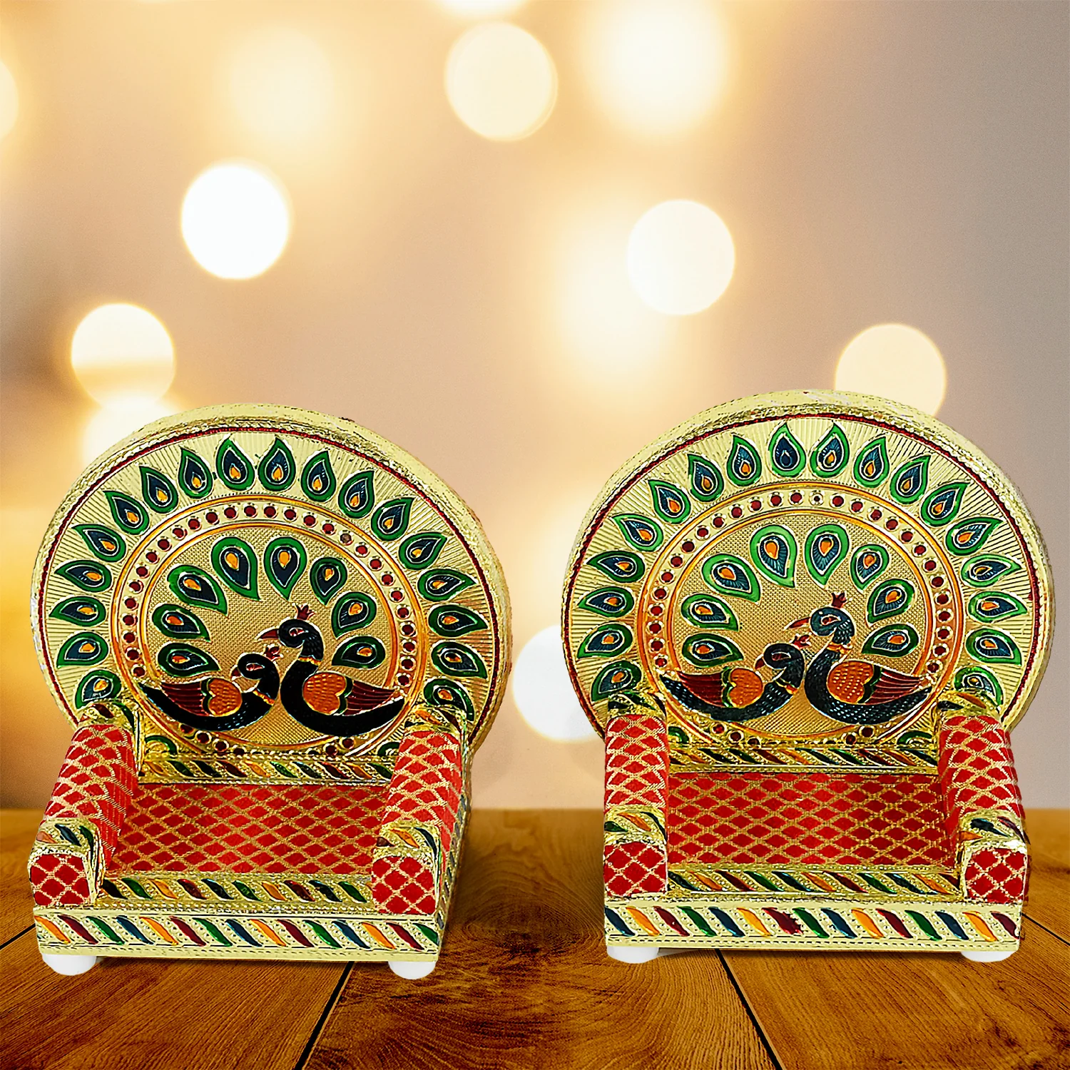 Meenakari Work Laddu Gopal Singhasan  / Sihasan for Pooja Mandir Wooden Krishna Ladoo Bal Gopal Sofa Asan, Home Decorative Premium Look Decorative Singhasan Suitable For Home, Office, Restaurant (2 Pc Set) - Image 3
