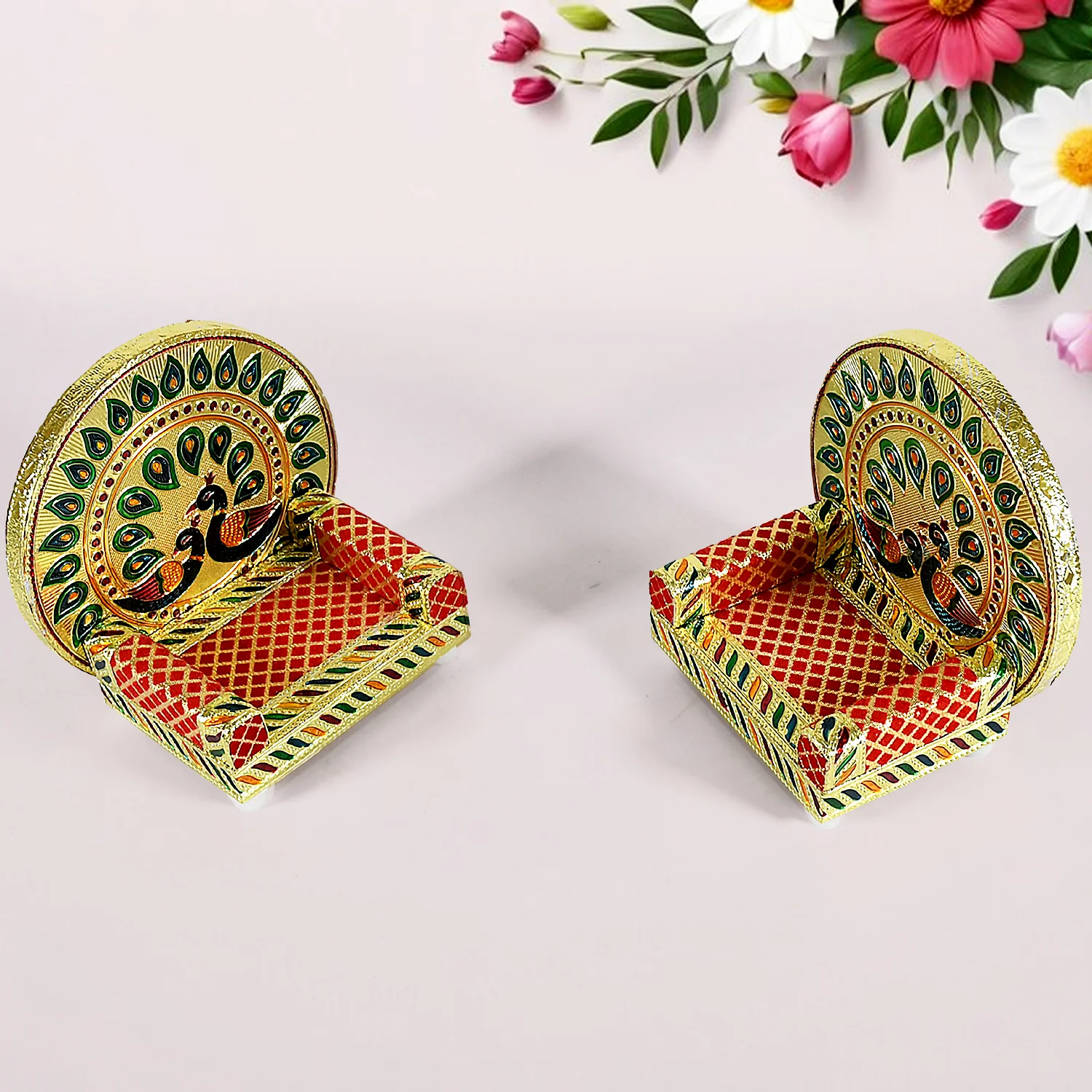 Meenakari Work Laddu Gopal Singhasan  / Sihasan for Pooja Mandir Wooden Krishna Ladoo Bal Gopal Sofa Asan, Home Decorative Premium Look Decorative Singhasan Suitable For Home, Office, Restaurant (2 Pc Set) - Image 6