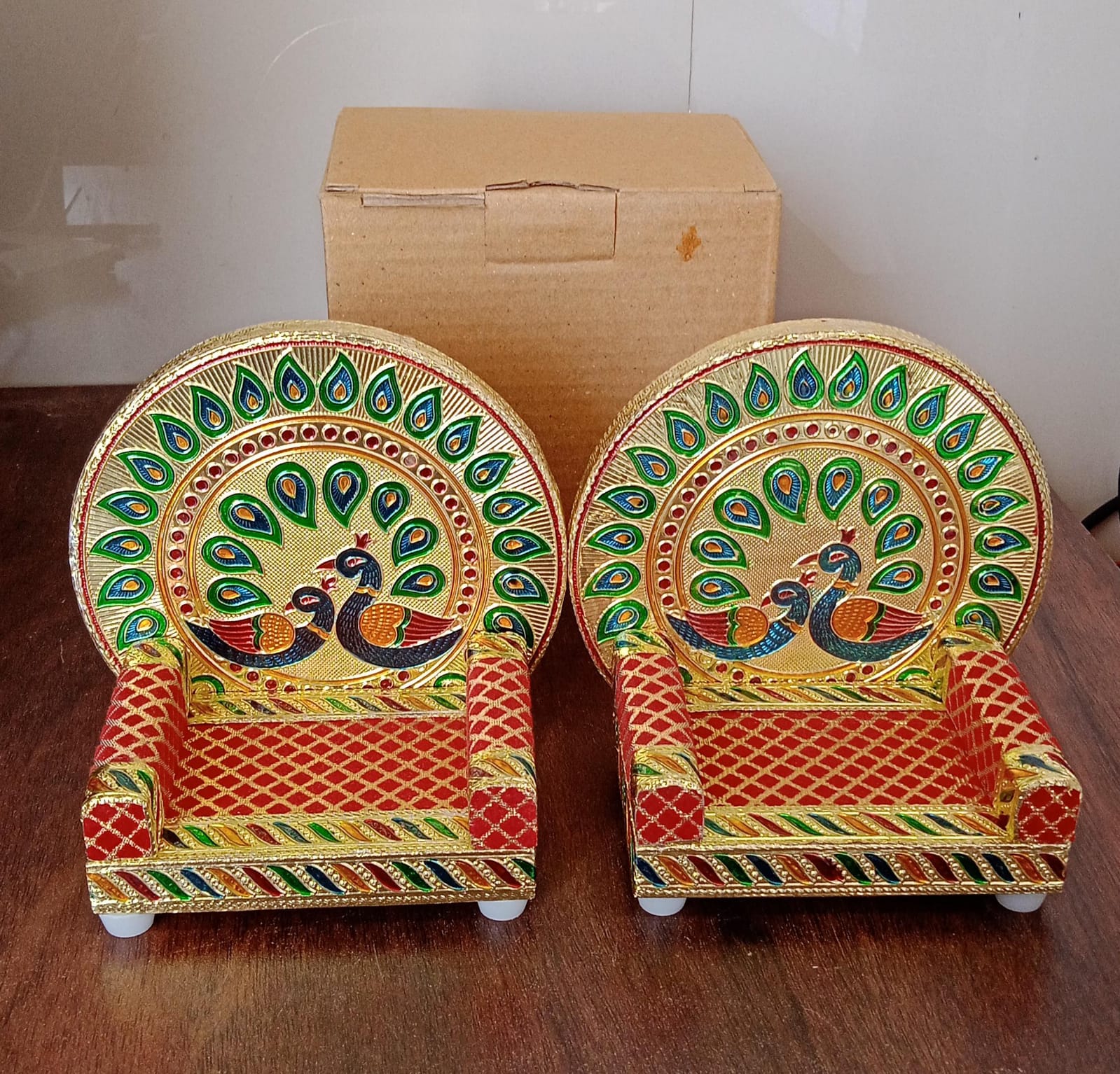 Meenakari Work Laddu Gopal Singhasan  / Sihasan for Pooja Mandir Wooden Krishna Ladoo Bal Gopal Sofa Asan, Home Decorative Premium Look Decorative Singhasan Suitable For Home, Office, Restaurant (2 Pc Set) - Image 8
