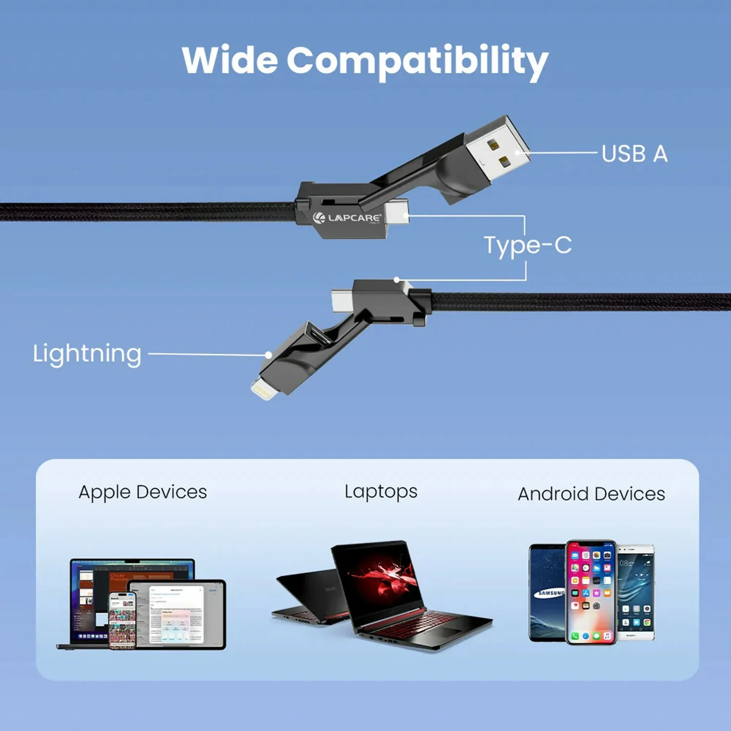 Lapcare Hook 4 in 1 Braided Charging Cable with USB A, Type C & Lightning - Image 2