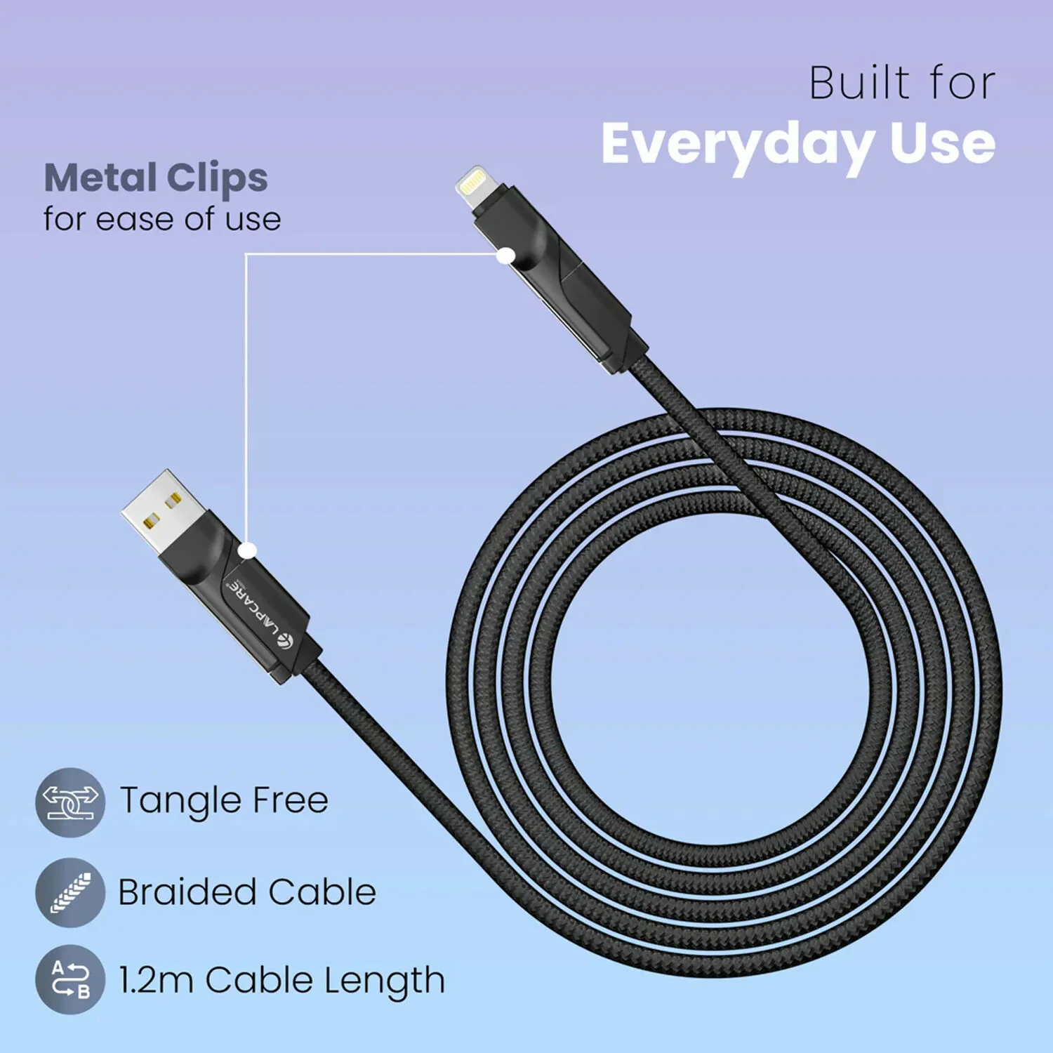 Lapcare Hook 4 in 1 Braided Charging Cable with USB A, Type C & Lightning - Image 5
