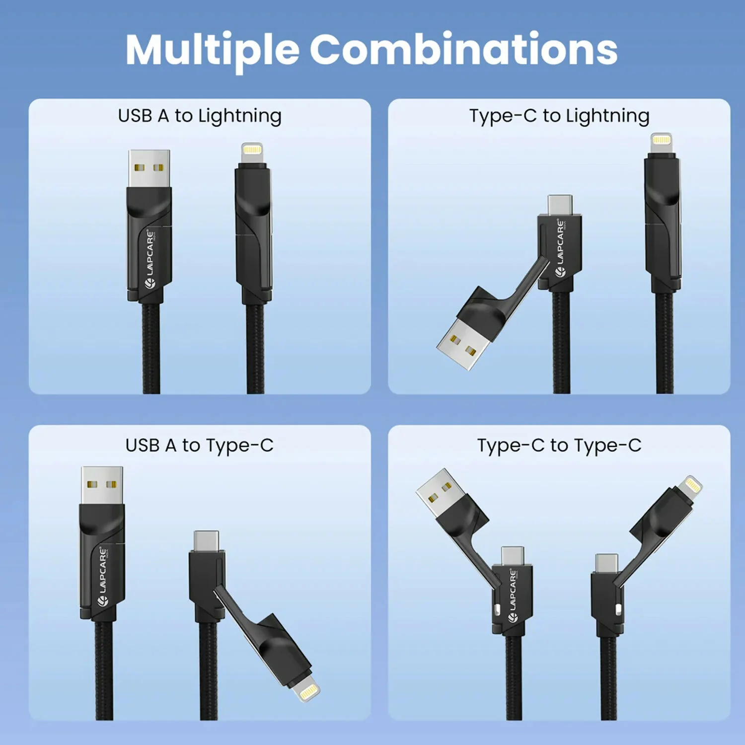 Lapcare Hook 4 in 1 Braided Charging Cable with USB A, Type C & Lightning - Image 6