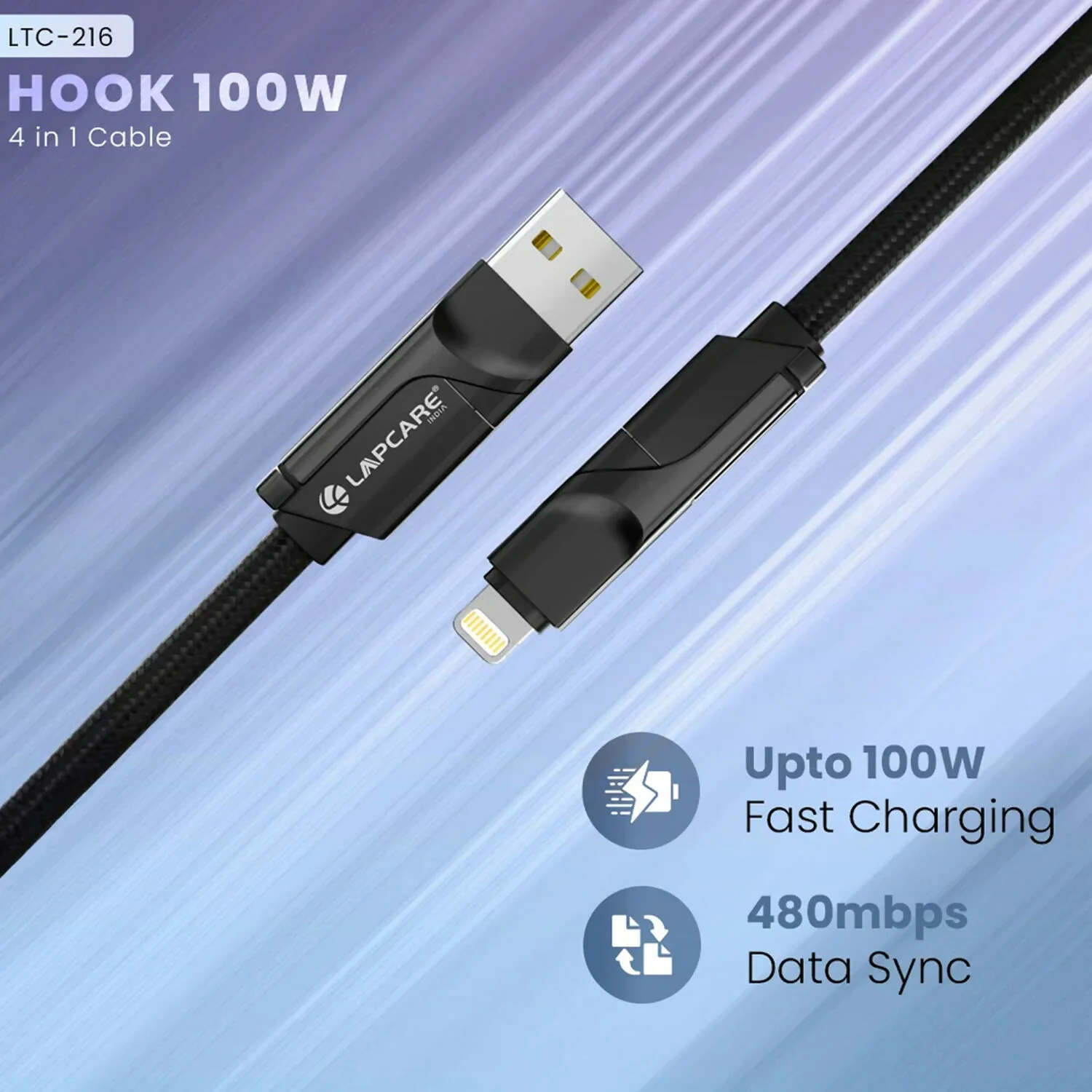 Lapcare Hook 4 in 1 Braided Charging Cable with USB A, Type C & Lightning - Image 7