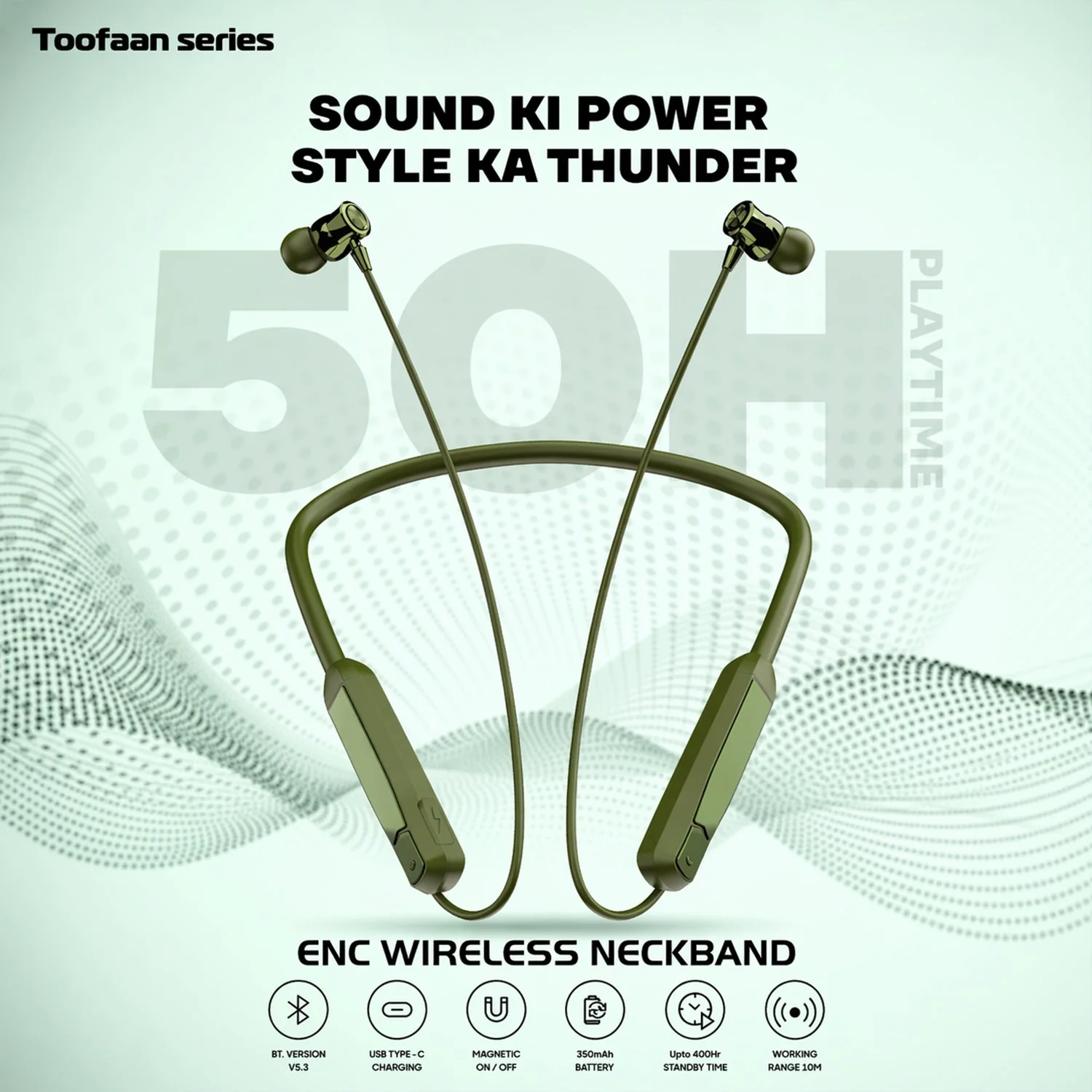 Toofaan Series Wireless Stereo Bass Neckband Earphones, Neck band (1 Pc) - Image 3