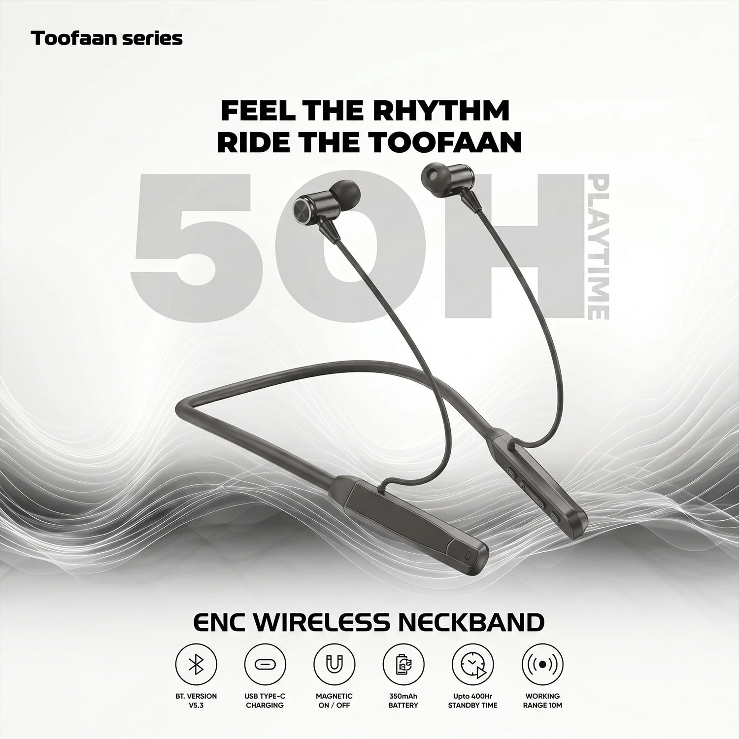 Toofaan Series Wireless Stereo Bass Neckband Earphones, Neck band (1 Pc) - Image 6