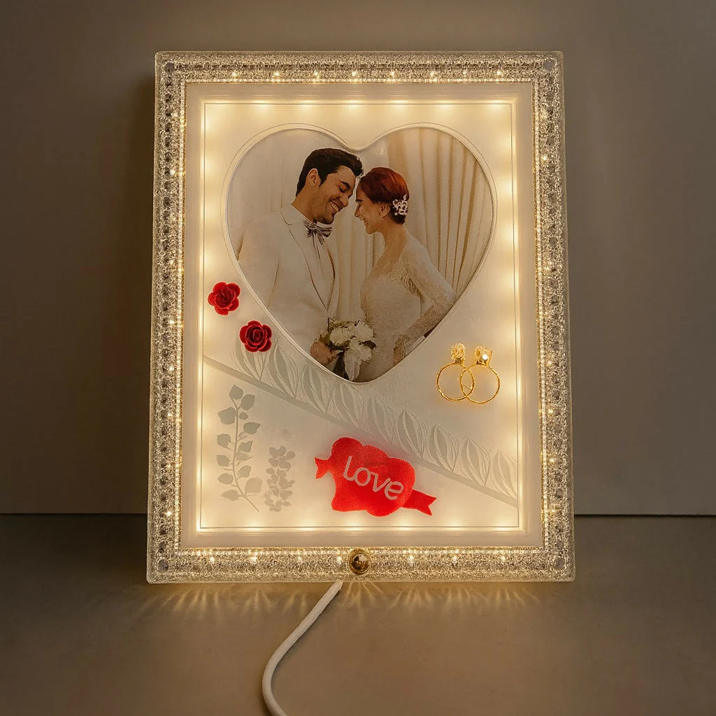 Large Size LED Photo Frame Lamp with Heart Shape & Love Design | Romantic Couple Night Light with Customized Picture | Wedding Anniversary Valentine Gift Decorative Table Lamp for Bedroom & Home Décor - Image 2