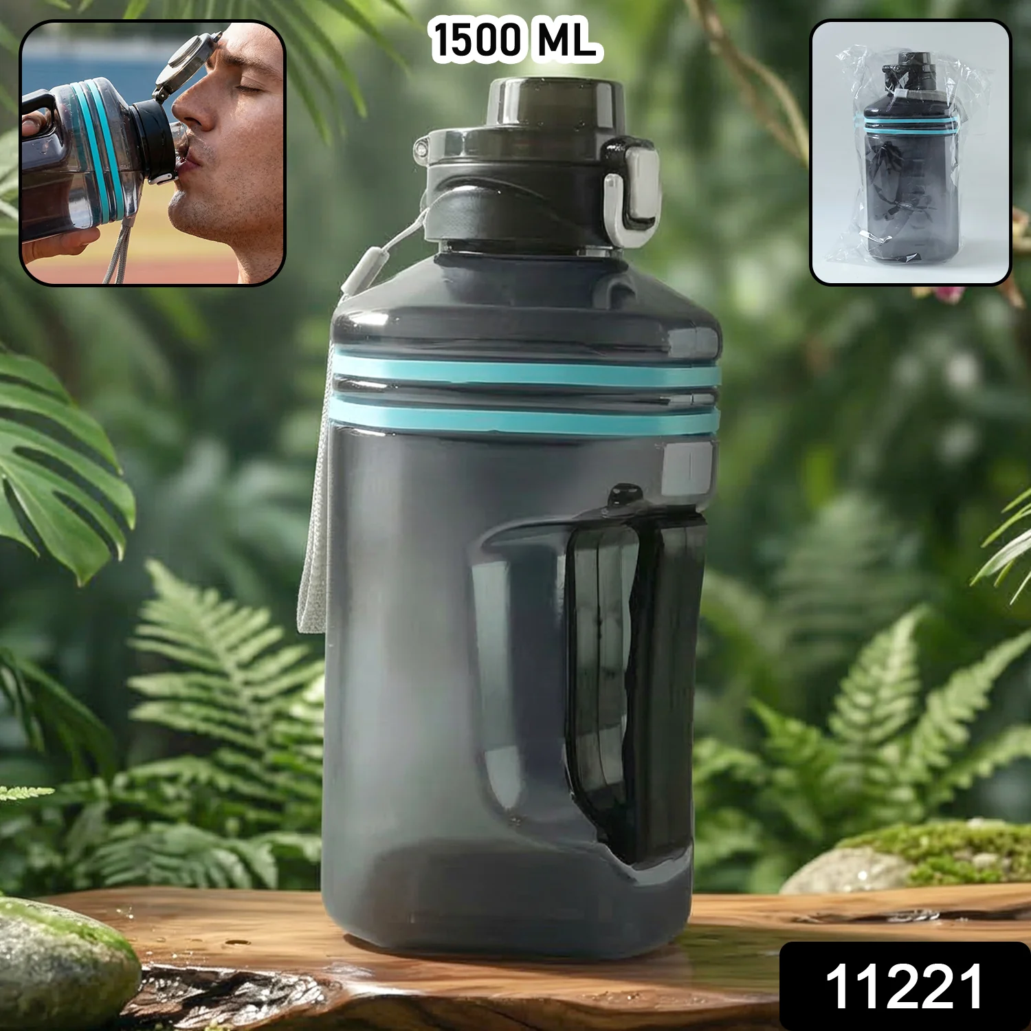 Large Square Gallon Style Water Bottle with Handle 1500 ML - Image 2